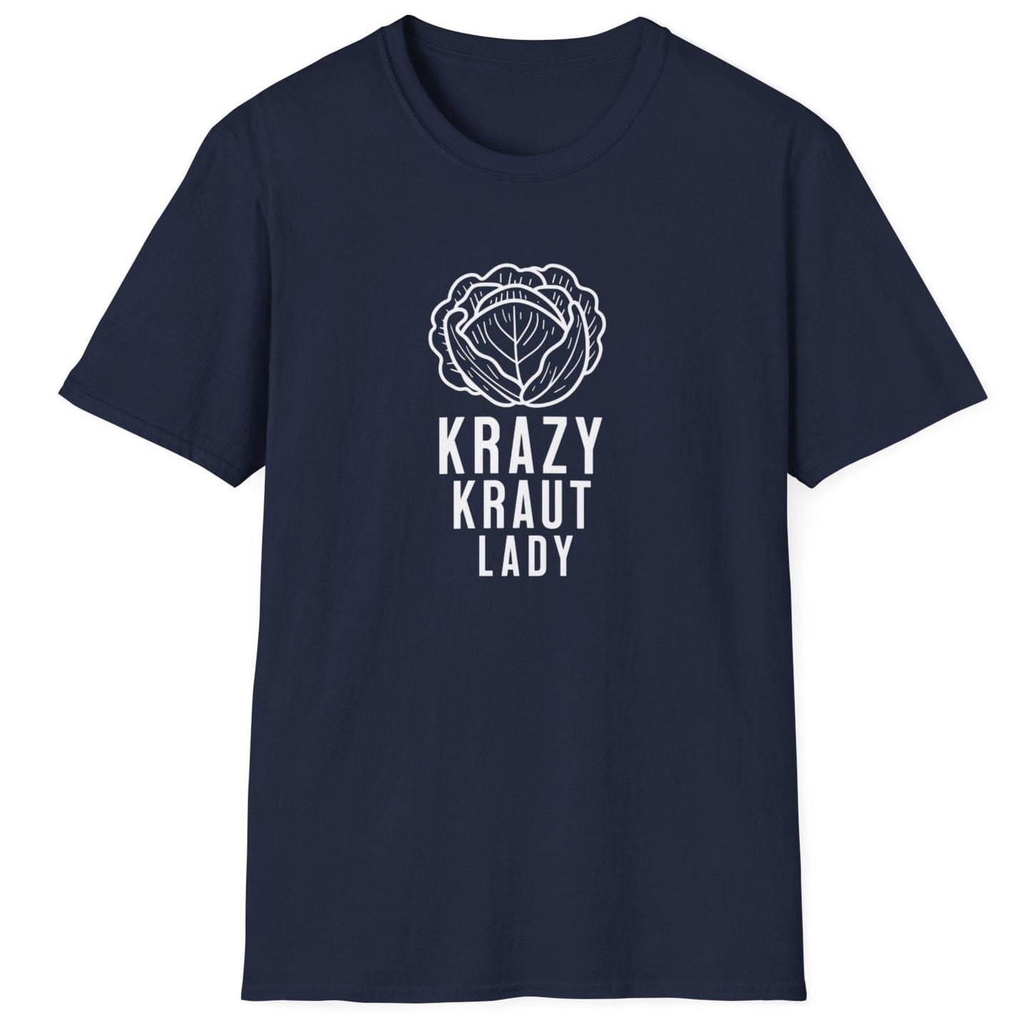 Unisex navy cotton T-shirt featuring the fun "Krazy Kraut Lady" design, perfect for sauerkraut lovers, fermentation enthusiasts, and those passionate about probiotic-rich foods
