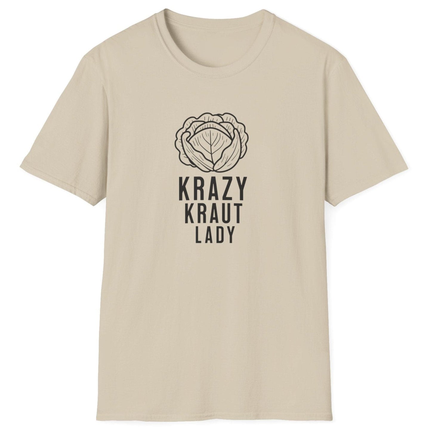 Unisex 'sand' cotton T-shirt featuring the fun "Krazy Kraut Lady" design, perfect for sauerkraut lovers, fermentation enthusiasts, and those passionate about probiotic-rich foods