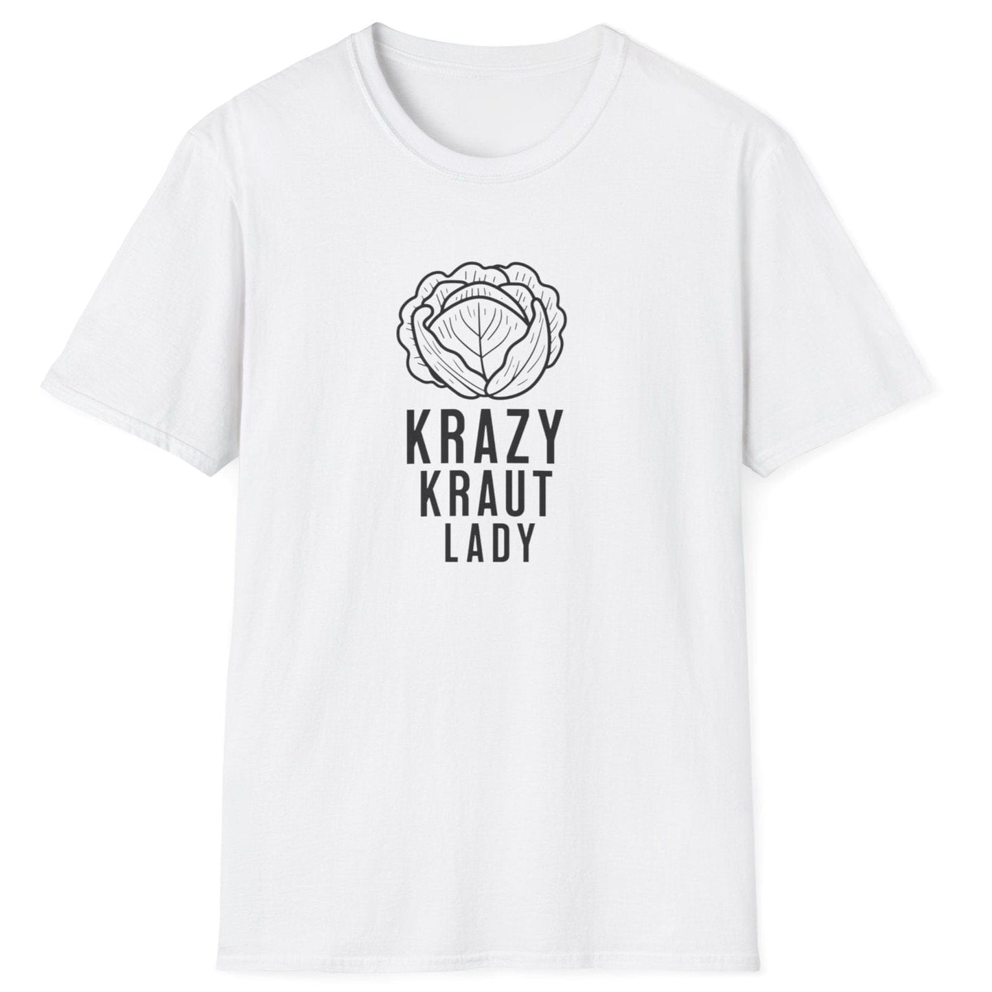 Unisex white cotton T-shirt featuring the fun "Krazy Kraut Lady" design, perfect for sauerkraut lovers, fermentation enthusiasts, and those passionate about probiotic-rich foods