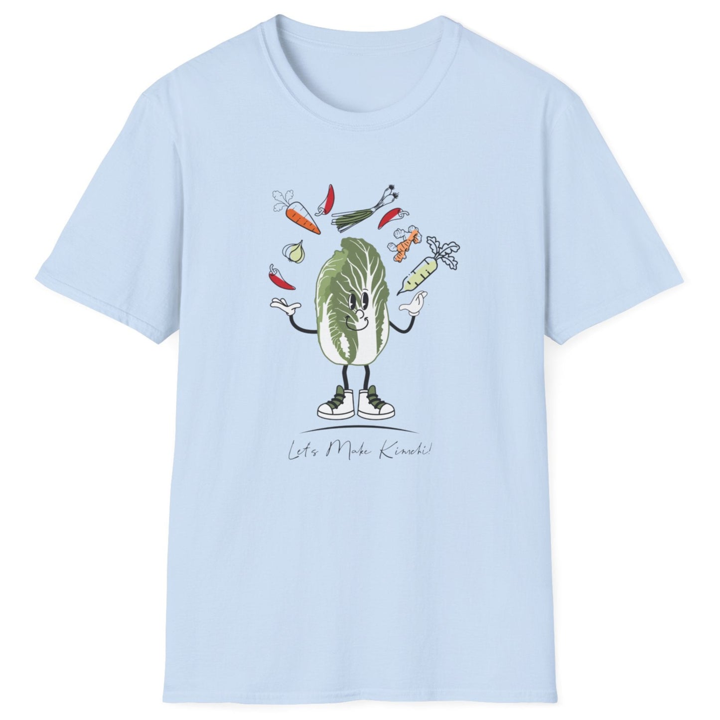 Let’s Make Kimchi T-Shirt featuring a playful nappa cabbage juggling ingredients. The perfect fermentation T-shirt and gift for fermenters and kimchi lovers