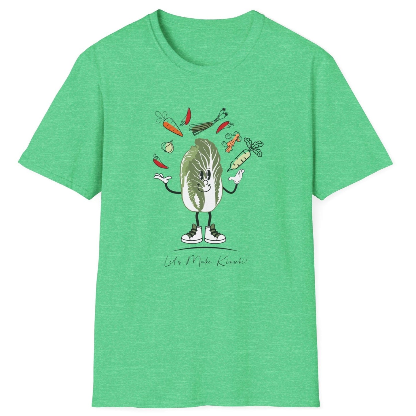 Let’s Make Kimchi green T-Shirt featuring a playful nappa cabbage juggling ingredients. The perfect fermentation T-shirt and gift for fermenters and kimchi lovers