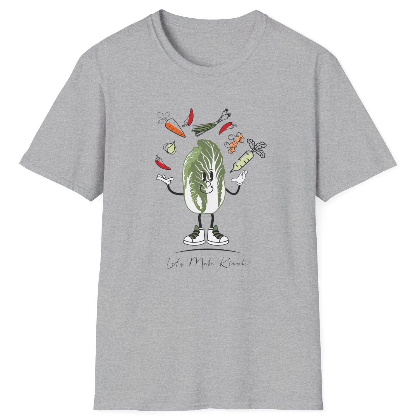 Let’s Make Kimchi grey T-Shirt featuring a playful nappa cabbage juggling ingredients. The perfect fermentation T-shirt and gift for fermenters and kimchi lovers