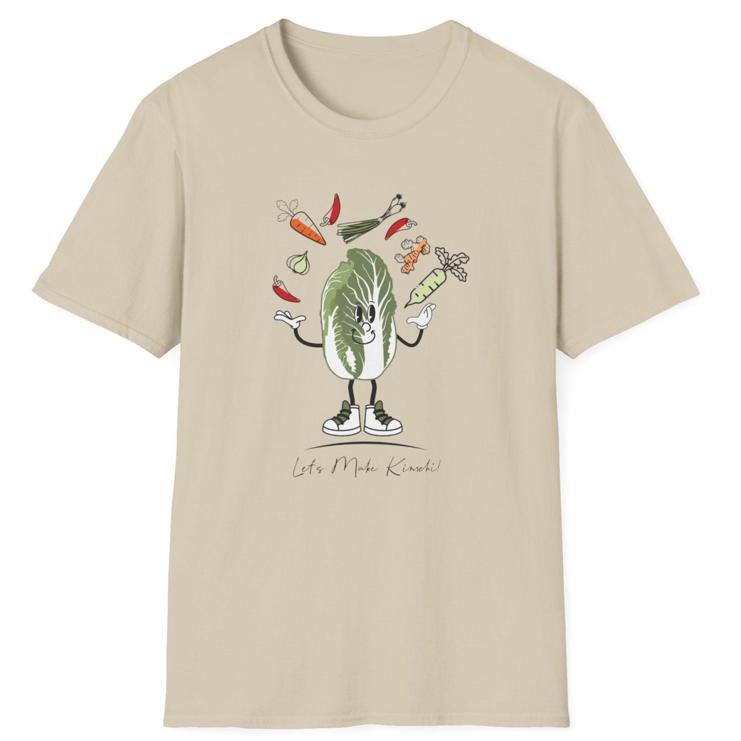 Let’s Make Kimchi neutral T-Shirt featuring a playful nappa cabbage juggling ingredients. The perfect fermentation T-shirt and gift for fermenters and kimchi lovers