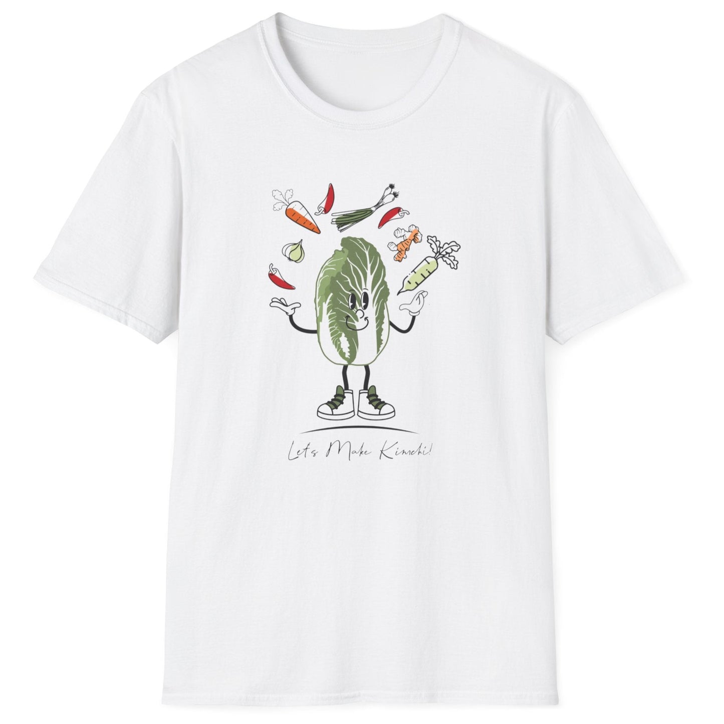 Let’s Make Kimchi white T-Shirt featuring a playful nappa cabbage juggling ingredients. The perfect fermentation T-shirt and gift for fermenters and kimchi lovers