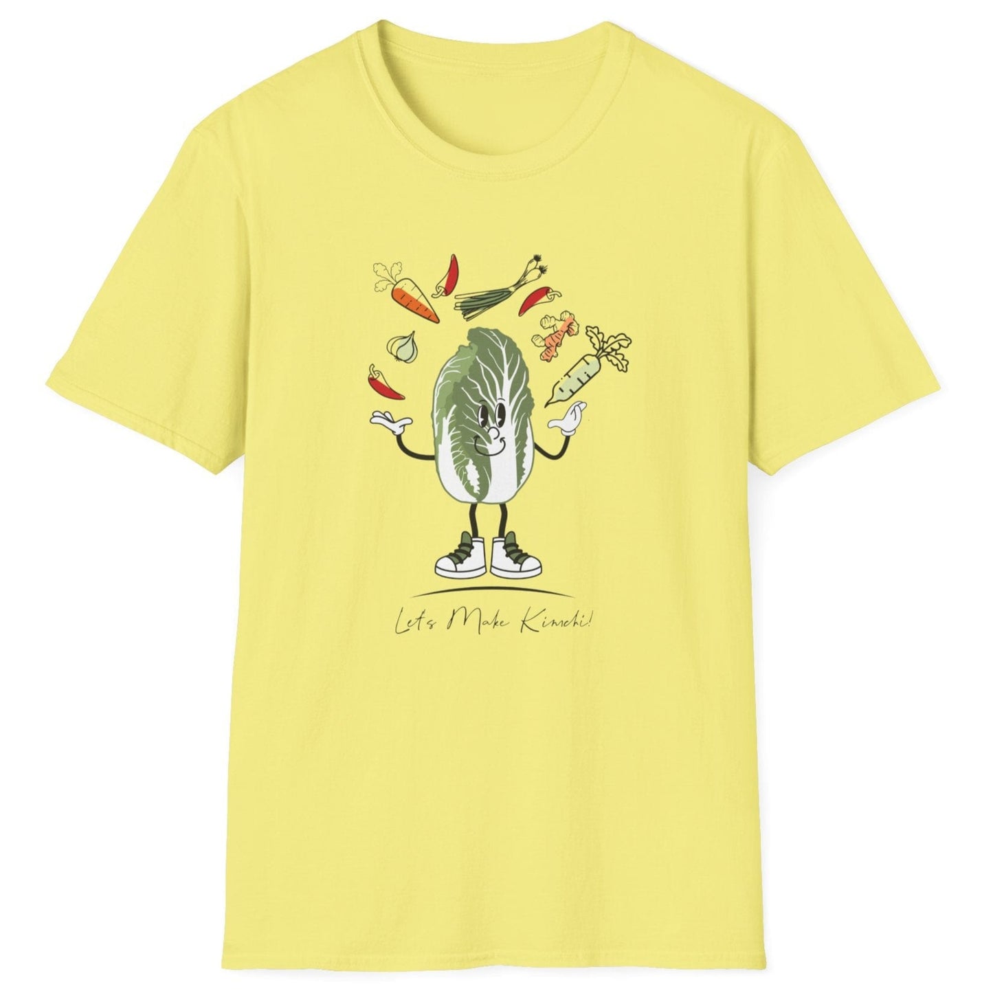 Let’s Make Kimchi yellow T-Shirt featuring a playful nappa cabbage juggling ingredients. The perfect fermentation T-shirt and gift for fermenters and kimchi lovers