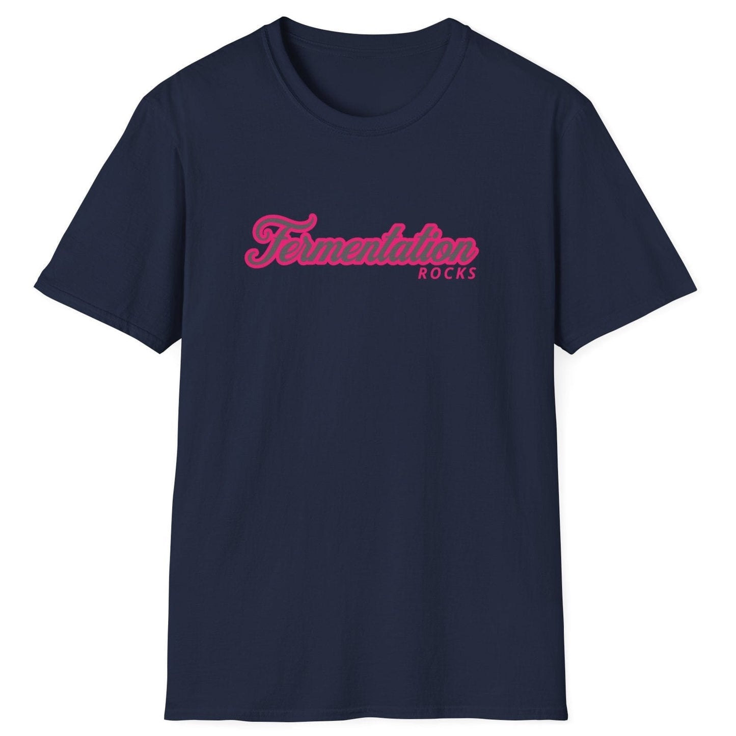 Unisex navy cotton T-shirt with retro pink typography reading 'Fermentation Rocks,' perfect for fermentation fans and foodie gift lovers