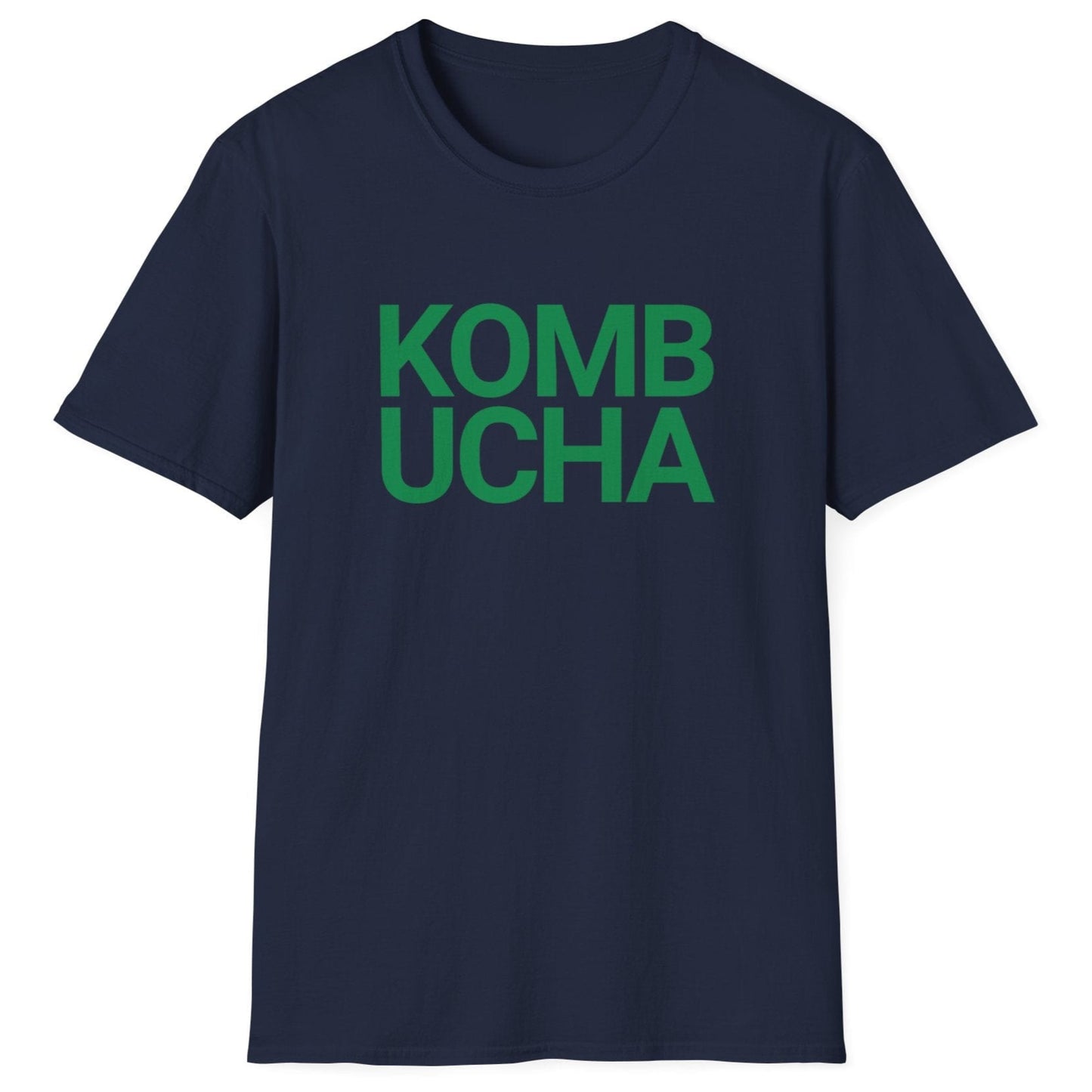 Navy fermentation t-shirt with green 'KOMBUCHA' text in modern bold typography