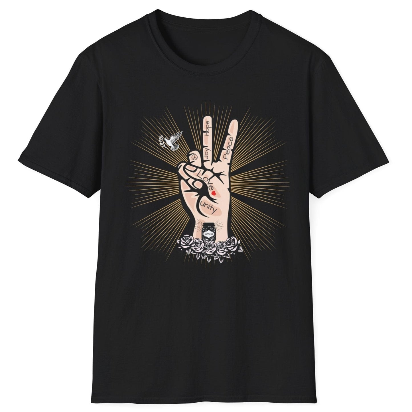 Tattoo-style Peace, Love & Kimchi fermentation T-Shirt in black featuring a hand peace sign, a dove, golden rays, and a jar of kimchi atop roses – perfect for fermentation lovers and kimchi enthusiasts.
