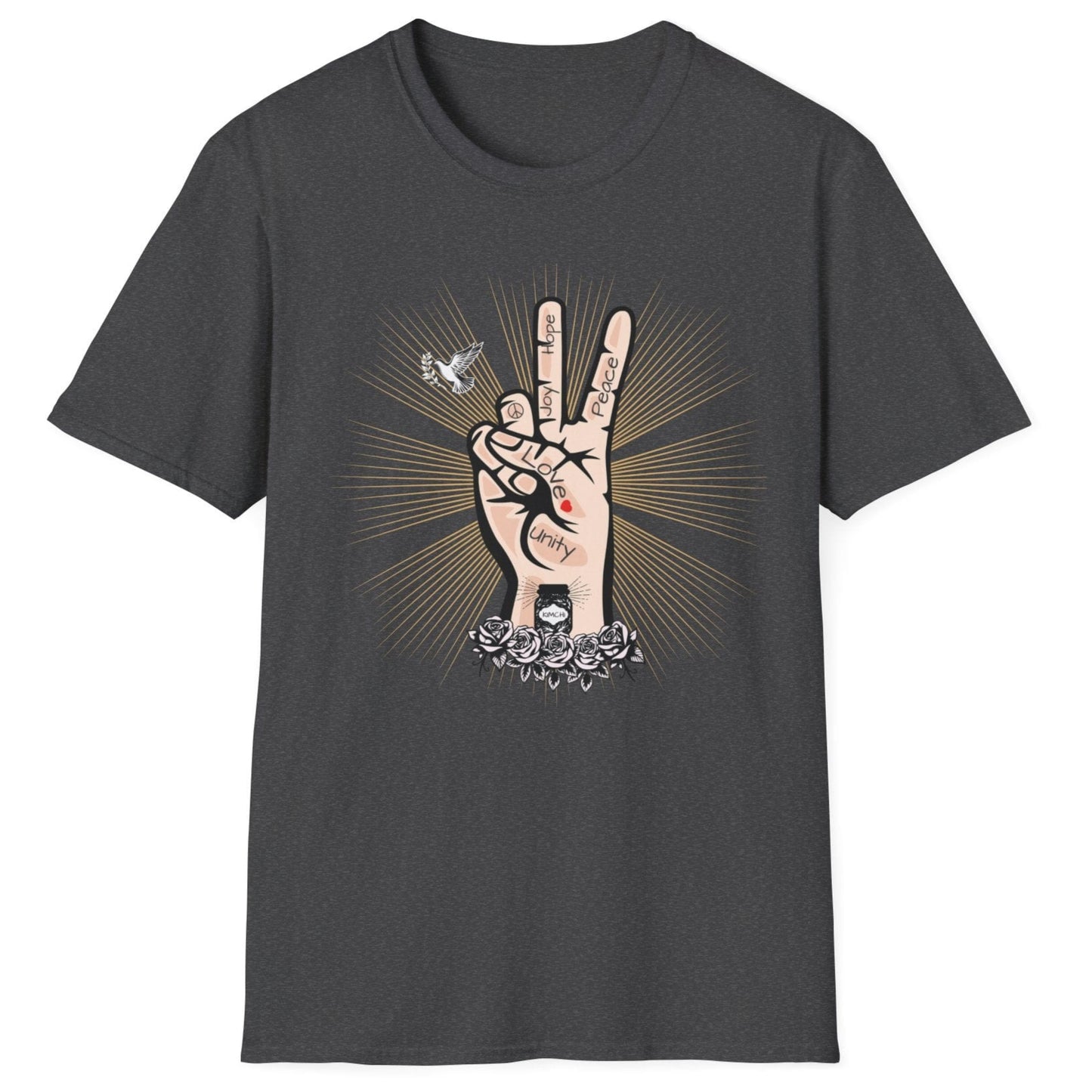 Tattoo-style Peace, Love & Kimchi fermentation T-Shirt in dark grey featuring a hand peace sign, a dove, golden rays, and a jar of kimchi atop roses – perfect for fermentation lovers and kimchi enthusiasts.