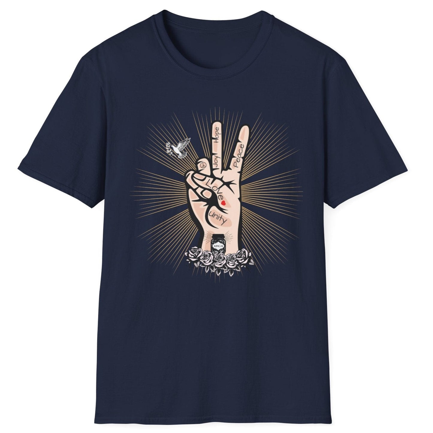 Tattoo-style Peace, Love & Kimchi fermentation T-Shirt in navy featuring a hand peace sign, a dove, golden rays, and a jar of kimchi atop roses – perfect for fermentation lovers and kimchi enthusiasts.