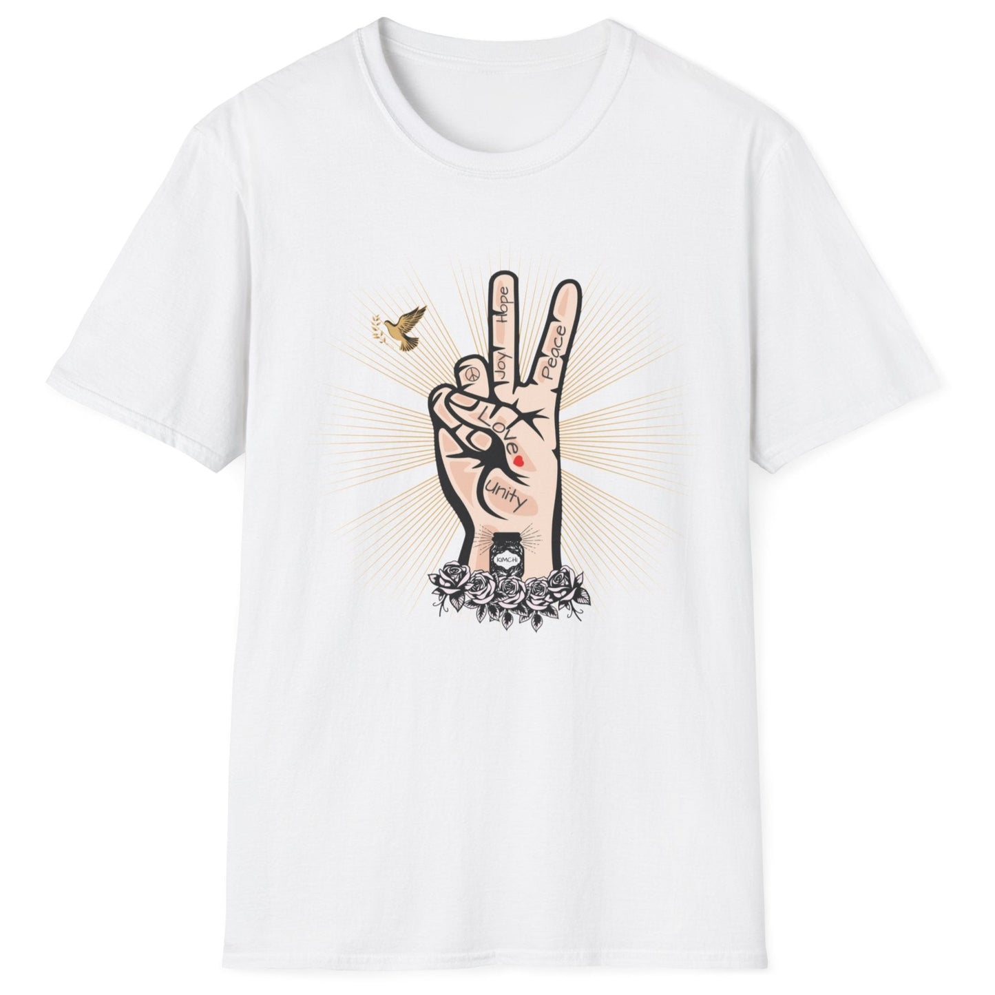 Tattoo-style Peace, Love & Kimchi fermentation T-Shirt in white featuring a hand peace sign, a dove, golden rays, and a jar of kimchi atop roses – perfect for fermentation lovers and kimchi enthusiasts.