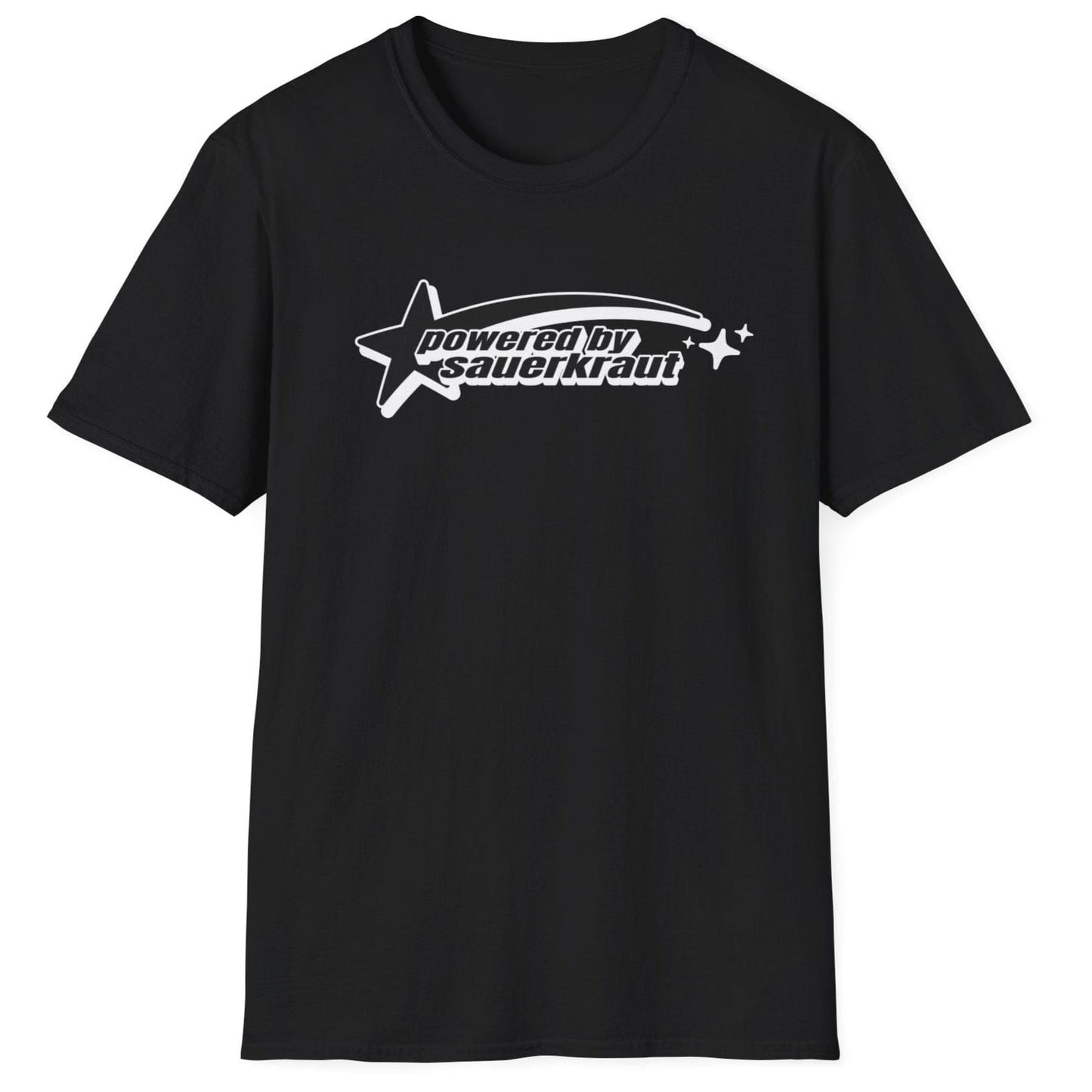 Powered by Sauerkraut fermentation T-Shirt in black featuring a retro shooting star design, perfect for sauerkraut lovers and vintage graphic enthusiasts