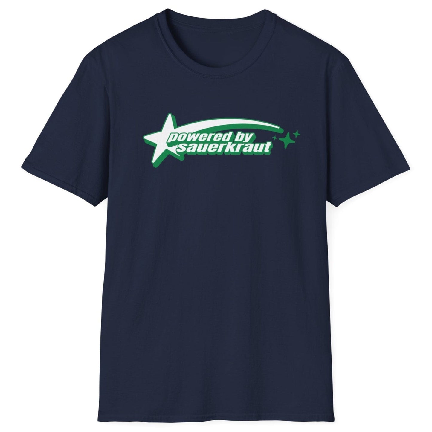Powered by Sauerkraut fermentation T-Shirt in navy featuring a retro shooting star design, perfect for sauerkraut lovers and vintage graphic enthusiasts