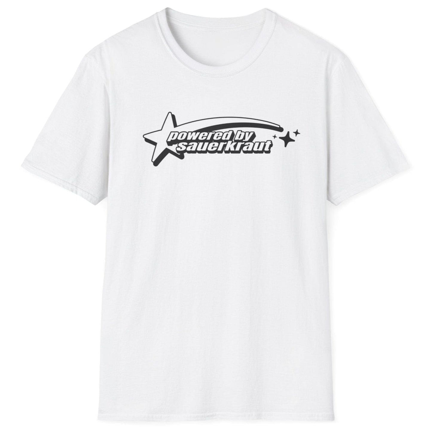 Powered by Sauerkraut fermentation T-Shirt in white featuring a retro shooting star design, perfect for sauerkraut lovers and vintage graphic enthusiasts