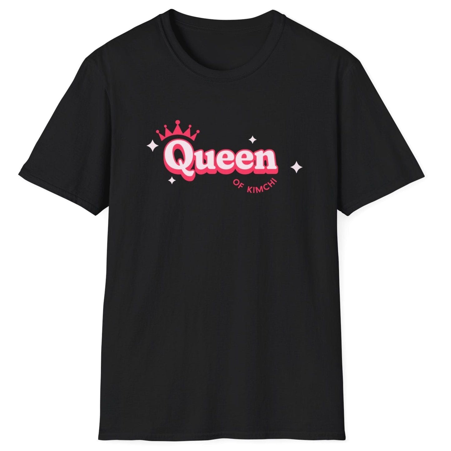 Queen of Kimchi T-shirt with crown and stars design on a soft, relaxed-fit black cotton tee. Perfect gift for kimchi lovers, fermenters, and probiotic fans
