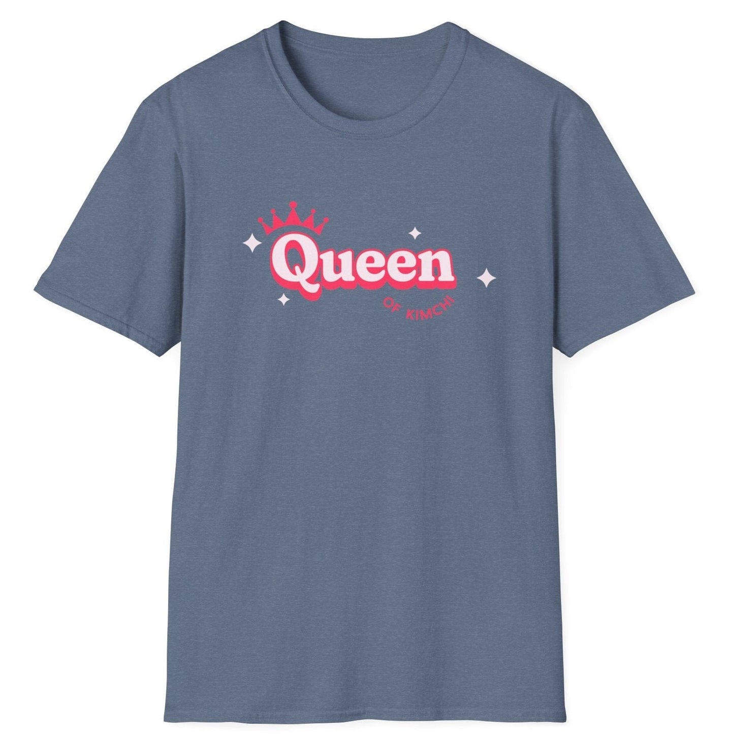 Queen of Kimchi T-shirt with crown and stars design on a soft, relaxed-fit blue cotton tee. Perfect gift for kimchi lovers, fermenters, and probiotic fans