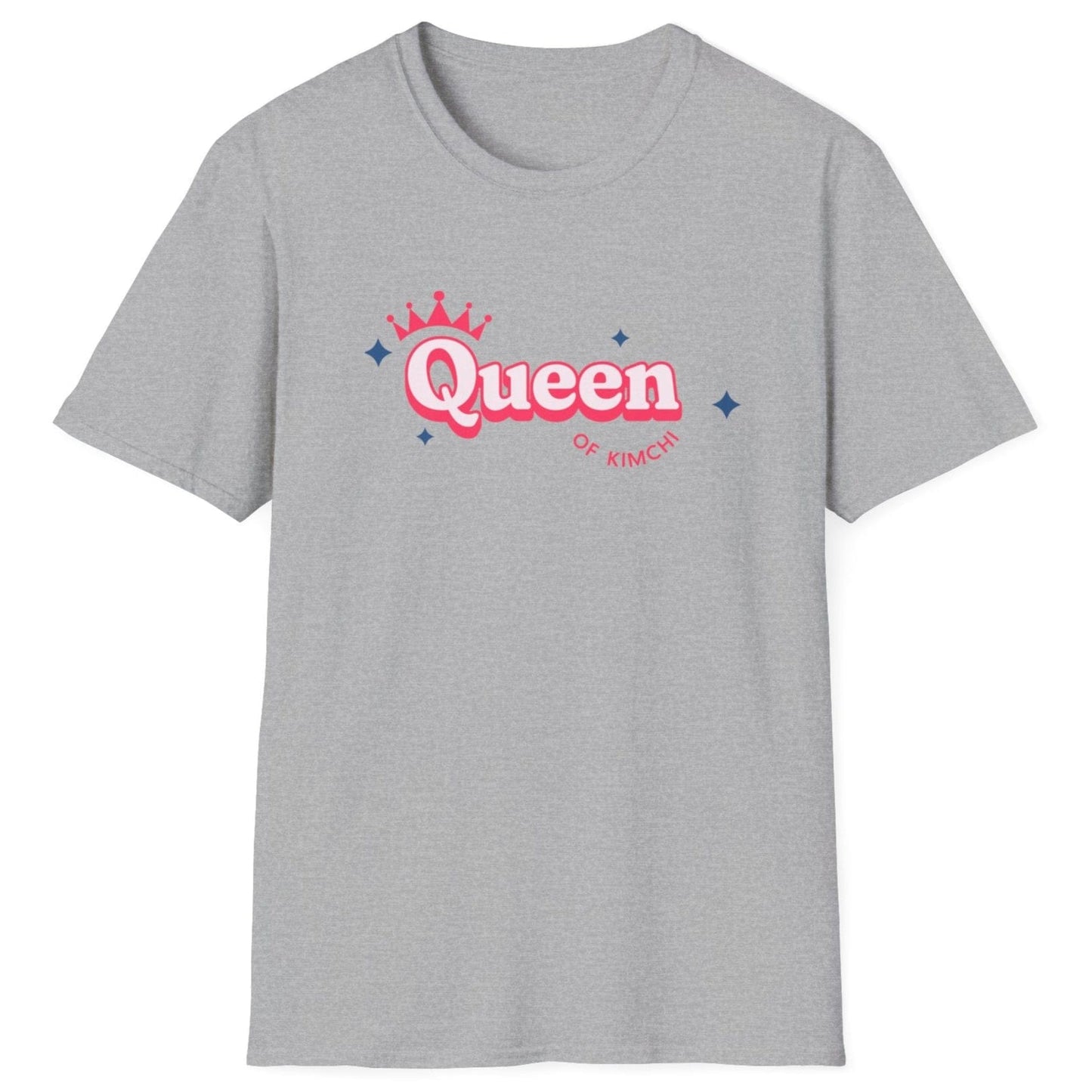Queen of Kimchi T-shirt with crown and stars design on a soft, relaxed-fit grey cotton tee. Perfect gift for kimchi lovers, fermenters, and probiotic fans