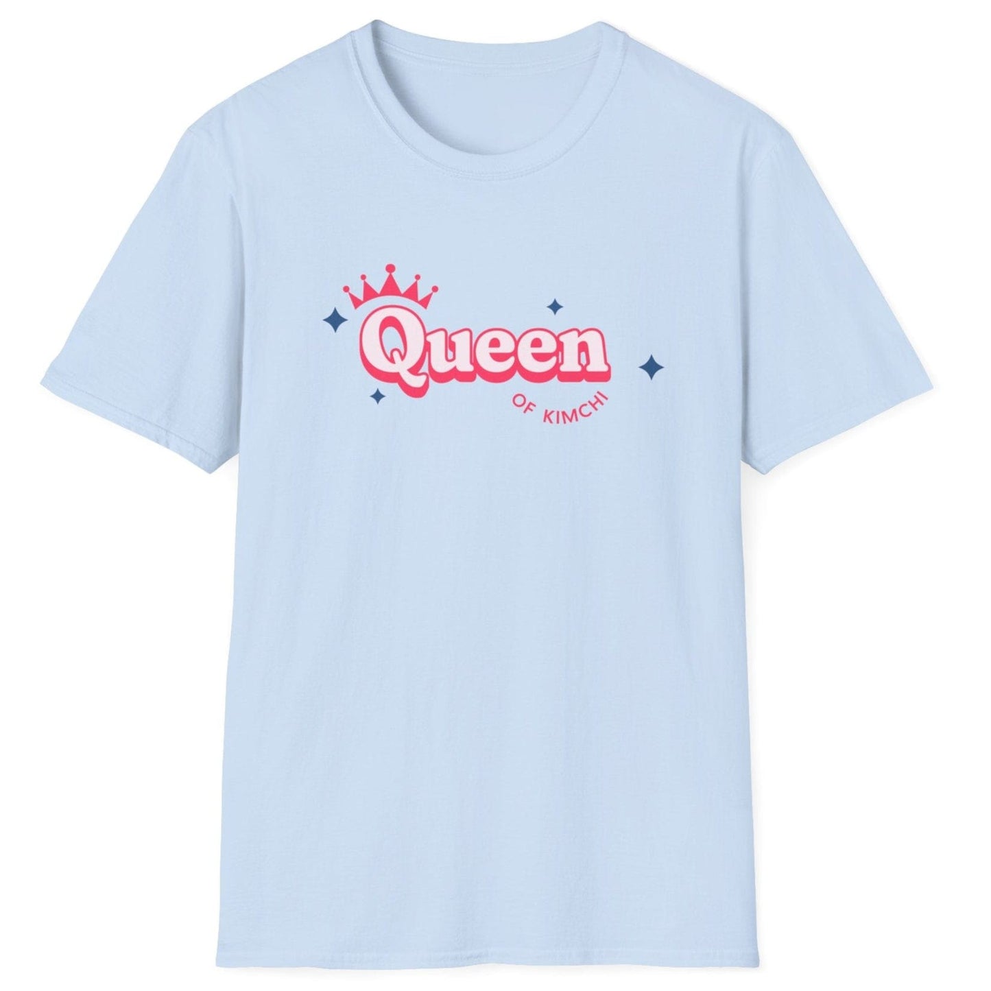 Queen of Kimchi T-shirt with crown and stars design on a soft, relaxed-fit light blue cotton tee. Perfect gift for kimchi lovers, fermenters, and probiotic fans