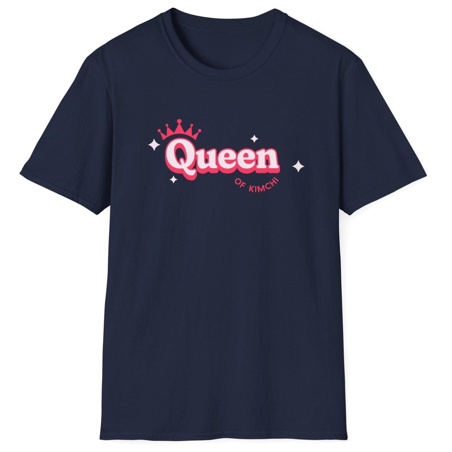 Queen of Kimchi T-shirt with crown and stars design on a soft, relaxed-fit navy cotton tee. Perfect gift for kimchi lovers, fermenters, and probiotic fans
