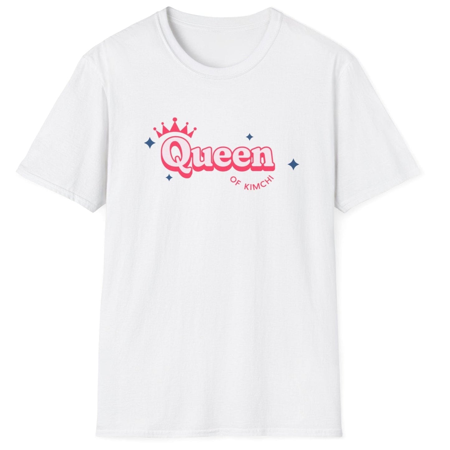 Queen of Kimchi T-shirt with crown and stars design on a soft, relaxed-fit white cotton tee. Perfect gift for kimchi lovers, fermenters, and probiotic fans