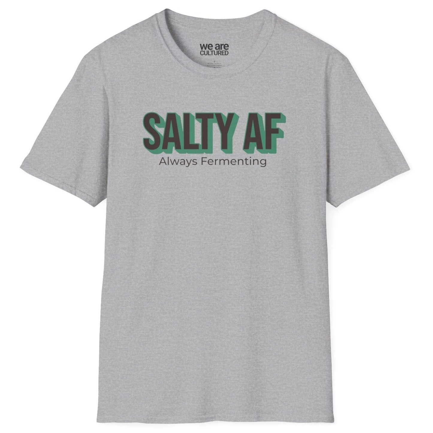 Unisex grey cotton T-shirt featuring the bold "Salty AF: Always Fermenting" design—perfect for fermentation fans, probiotic lovers, and foodies who enjoy kimchi, kombucha, and gut-friendly foods. Comfortable, stylish, and great for everyday wear.