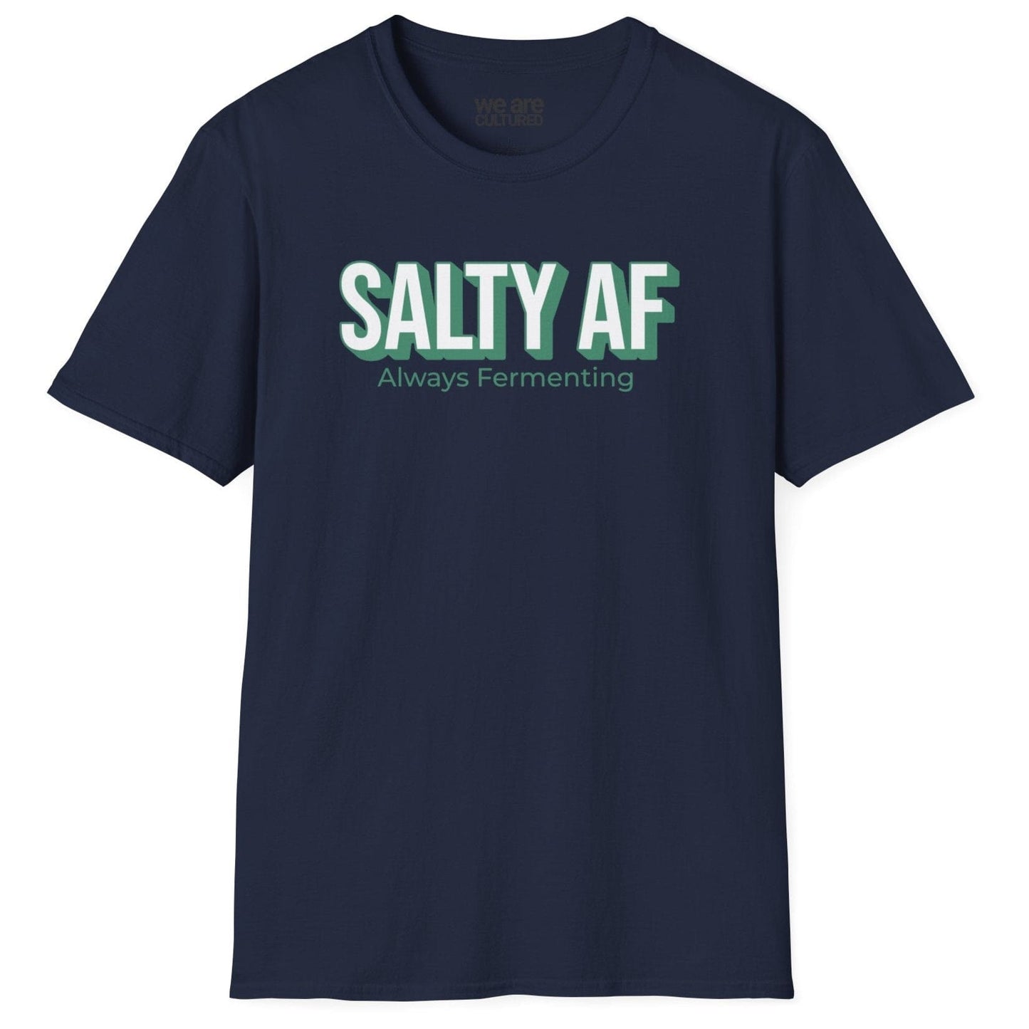 Unisex navy cotton T-shirt featuring the bold "Salty AF: Always Fermenting" design—perfect for fermentation fans, probiotic lovers, and foodies who enjoy kimchi, kombucha, and gut-friendly foods. Comfortable, stylish, and great for everyday wear.
