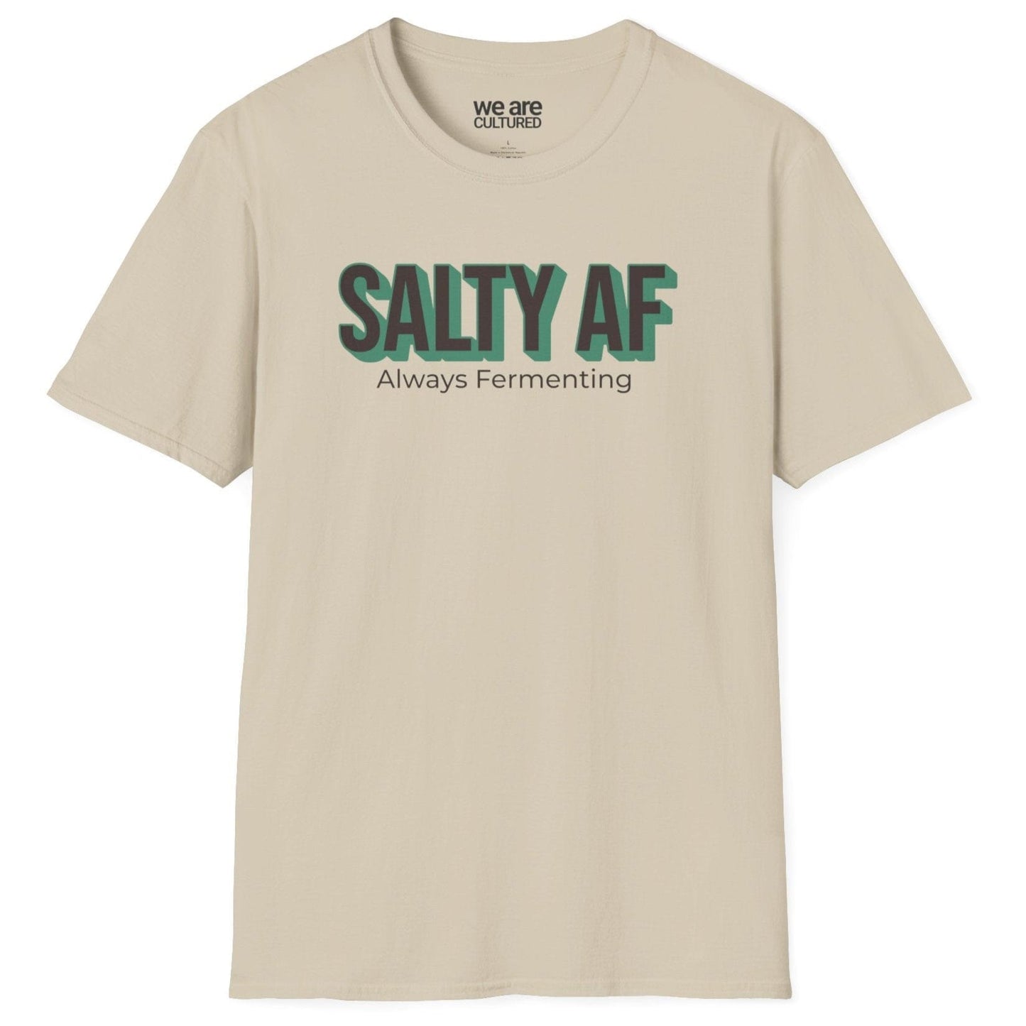 Unisex sand cotton T-shirt featuring the bold "Salty AF: Always Fermenting" design—perfect for fermentation fans, probiotic lovers, and foodies who enjoy kimchi, kombucha, and gut-friendly foods. Comfortable, stylish, and great for everyday wear.