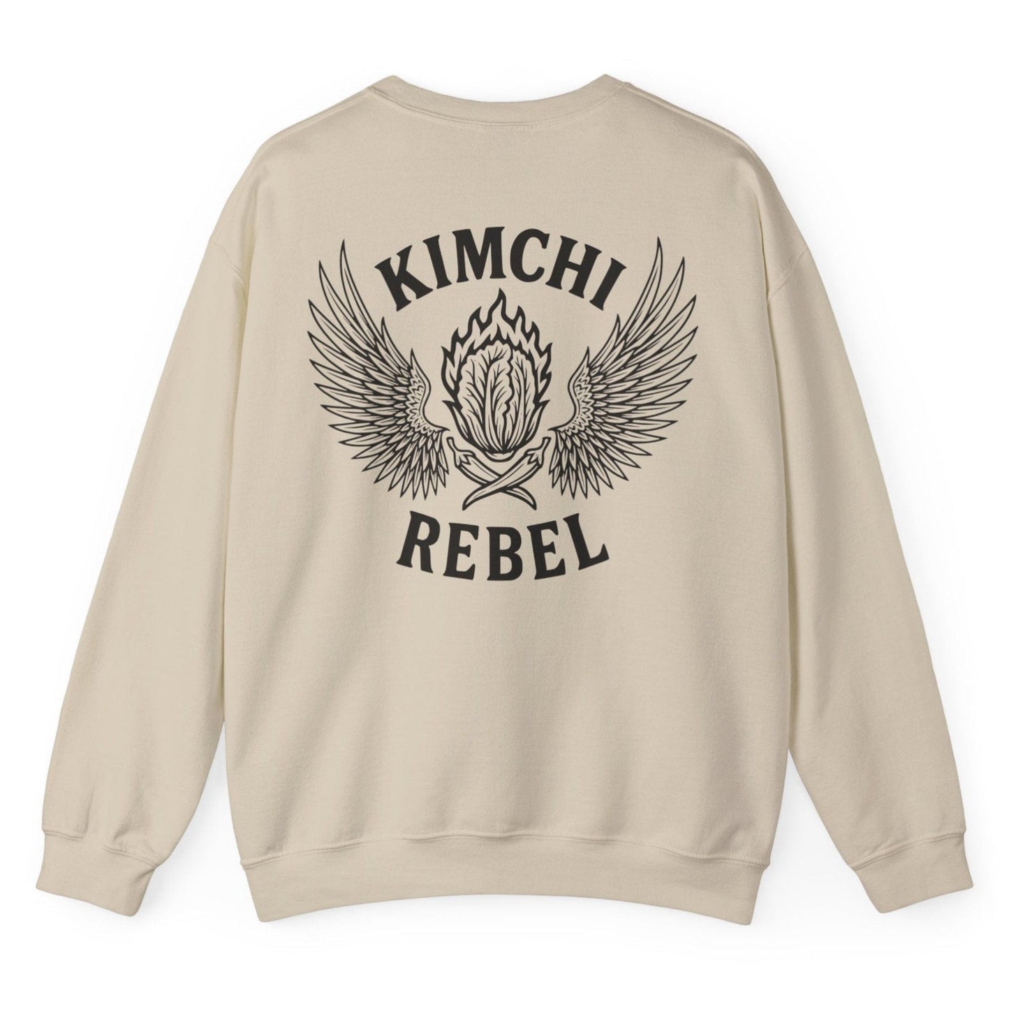 Sand Kimchi Rebel back print sweatshirt for fans of fermentation and kimchi lovers, featuring a nappa cabbage in spicy flames, wings and crossed chillies. Design inspired by vintage Harley Davidson jackets.