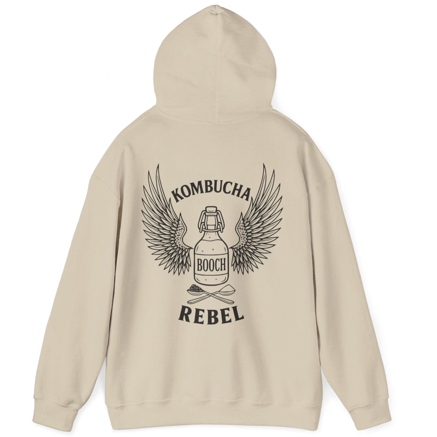 Sand Kombucha Rebel back print hoodie for fans of fermentation, featuring a bottle of booch with dramatic wings and crossed spoons - one with tea leaves and one with sugar. Design inspired by vintage Harley Davidson jackets.