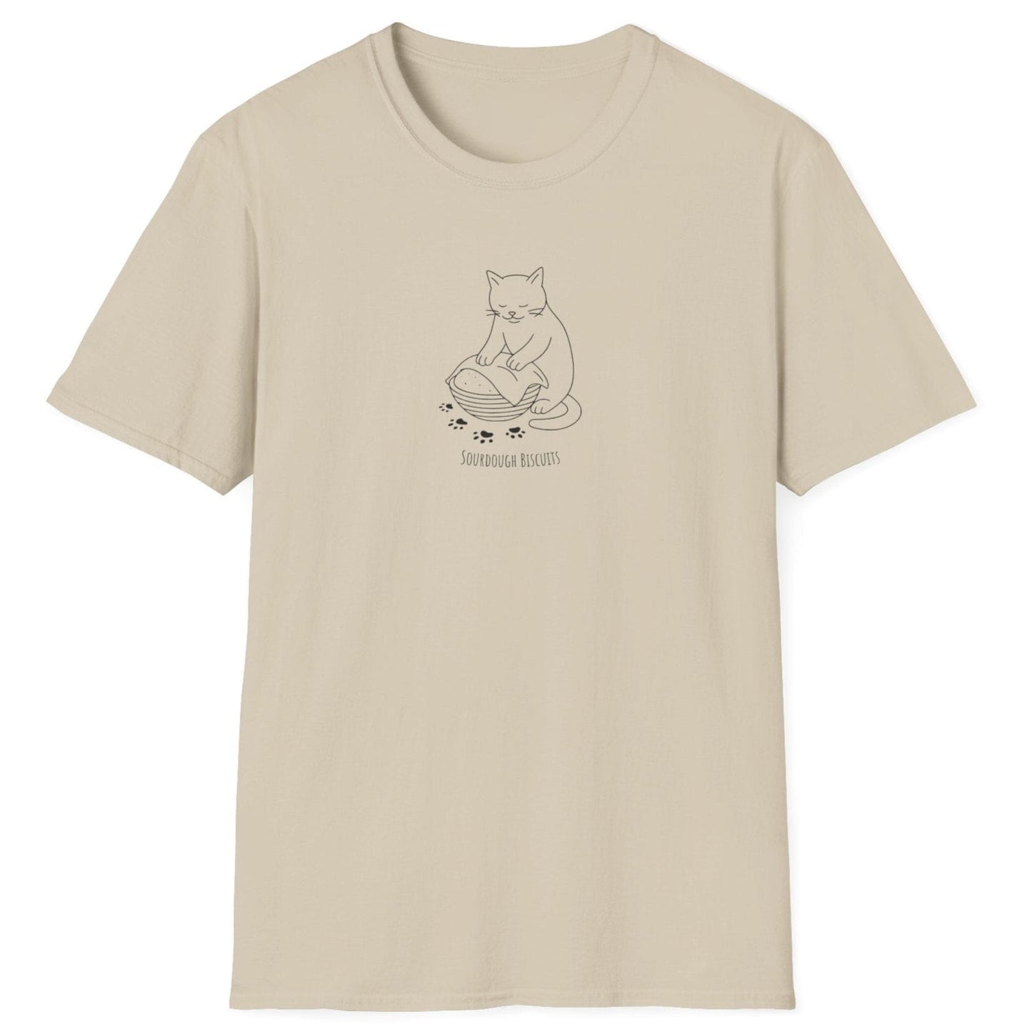 Illustrated cat kneading dough in a banneton, surrounded by floury paw prints — Sourdough Biscuits t-shirt in sand for cat and bread lovers