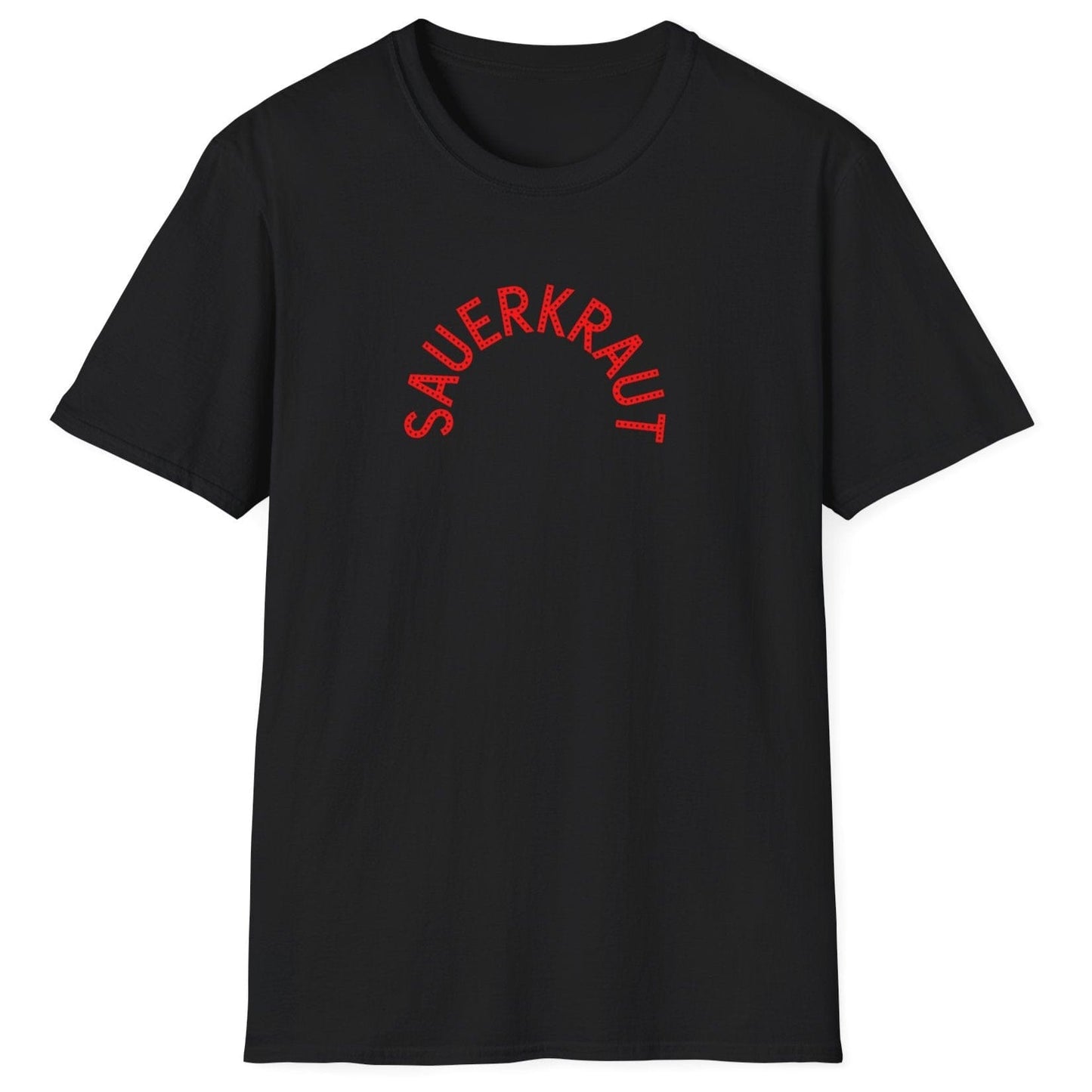 Black sauerkraut T-Shirt featuring modern, playful arc typography in red, perfect for fermentation lovers and fans of bold graphic tees