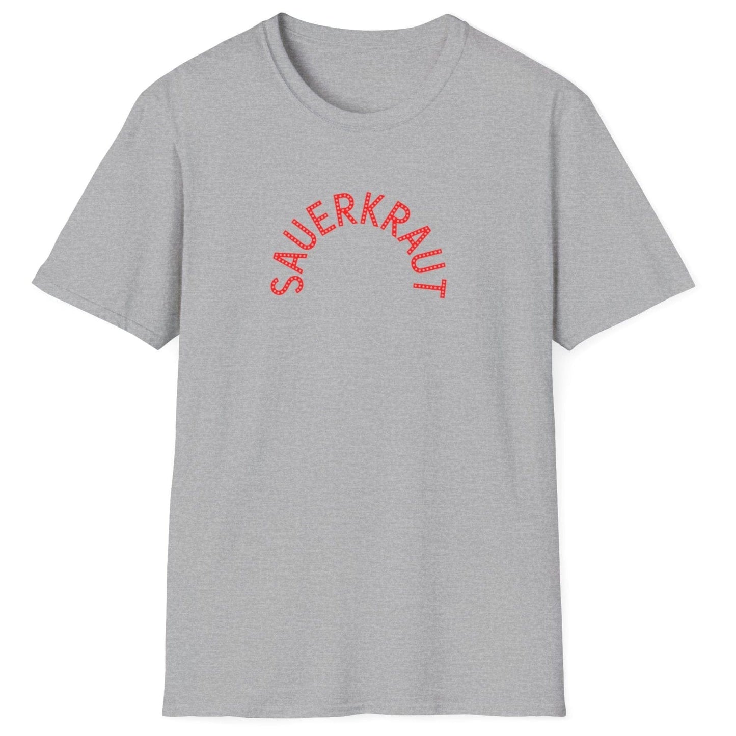 Sauerkraut T-Shirt in grey featuring modern, playful arc typography in red, perfect for fermentation lovers and fans of bold graphic tees.