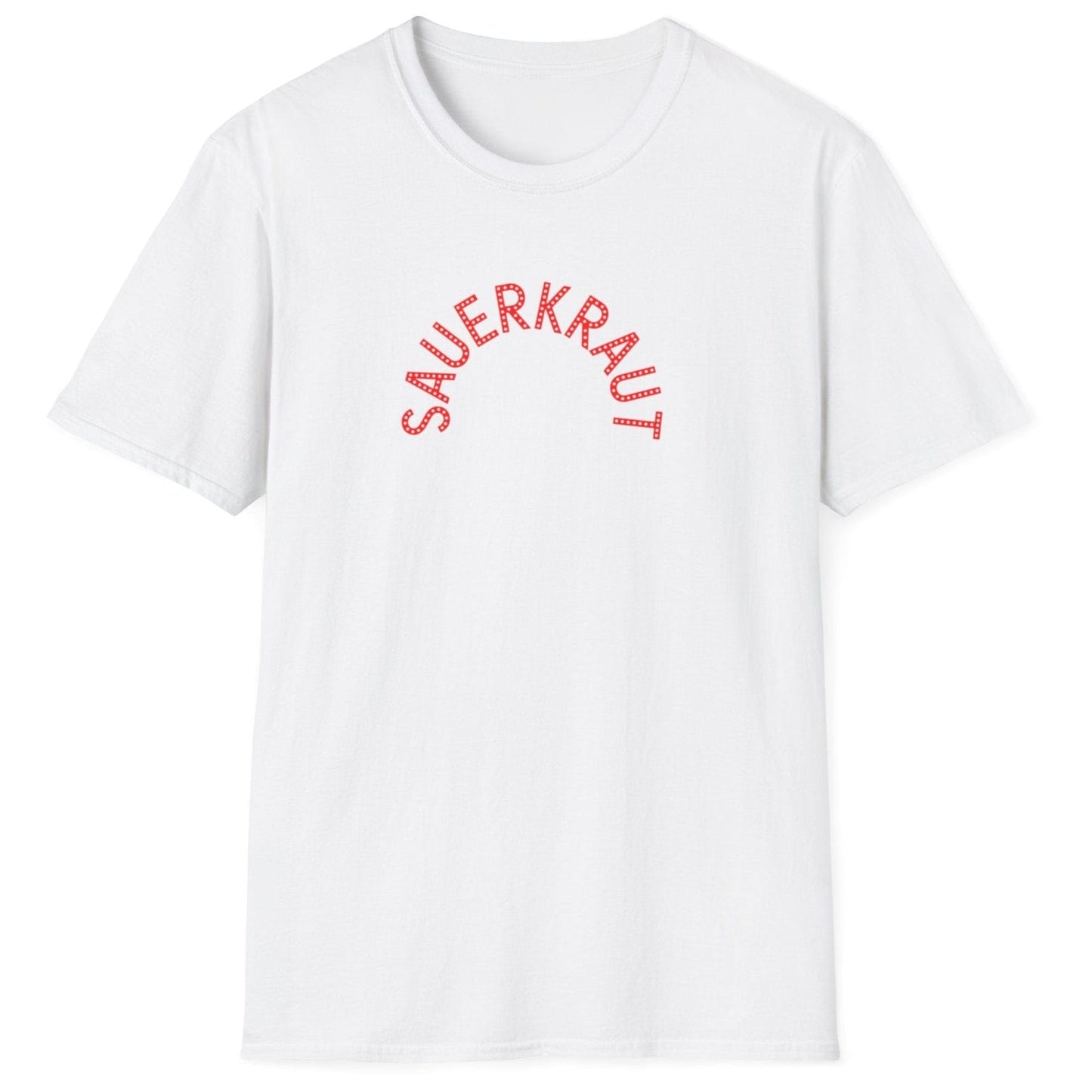 Sauerkraut T-Shirt featuring modern, playful arc typography in red, perfect for fermentation lovers and fans of bold graphic tees