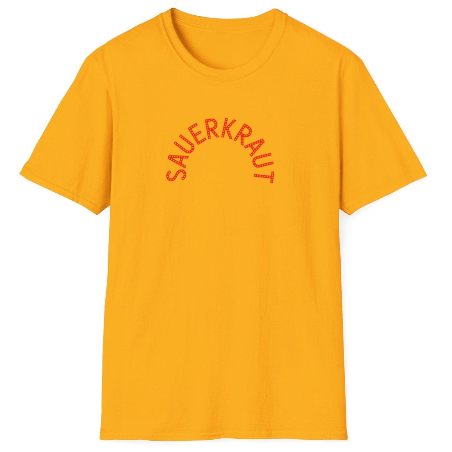 Sauerkraut T-Shirt in gold featuring modern, playful arc typography in red, perfect for fermentation lovers and fans of bold graphic tees.