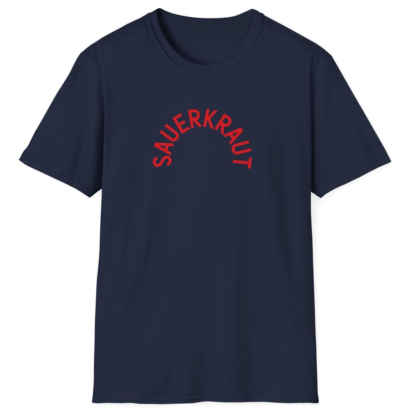 Sauerkraut T-Shirt featuring modern, playful arc typography in red, perfect for fermentation lovers and fans of bold graphic tees