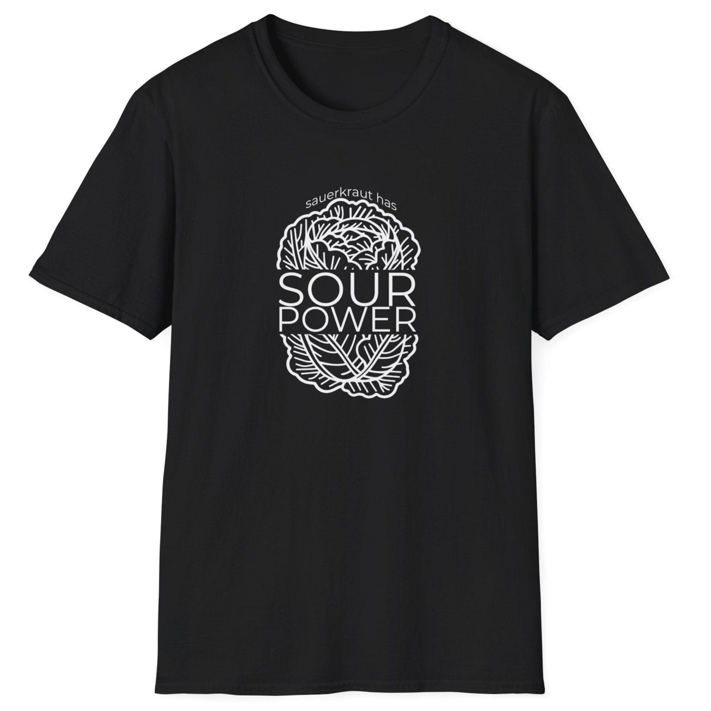 Sauerkraut Has Sour Power black T-Shirt featuring a cabbage illustration and bold typography, perfect for sauerkraut lovers and fermentation enthusiasts
