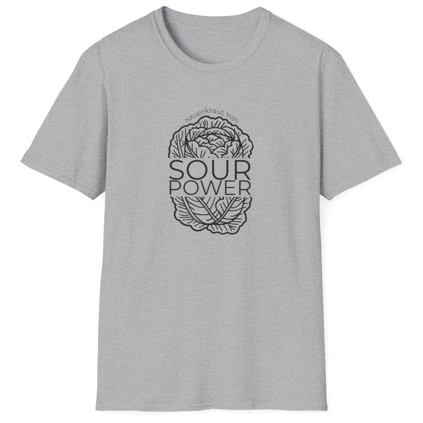 Sauerkraut Has Sour Power grey T-Shirt featuring a cabbage illustration and bold typography, perfect for sauerkraut lovers and fermentation enthusiasts