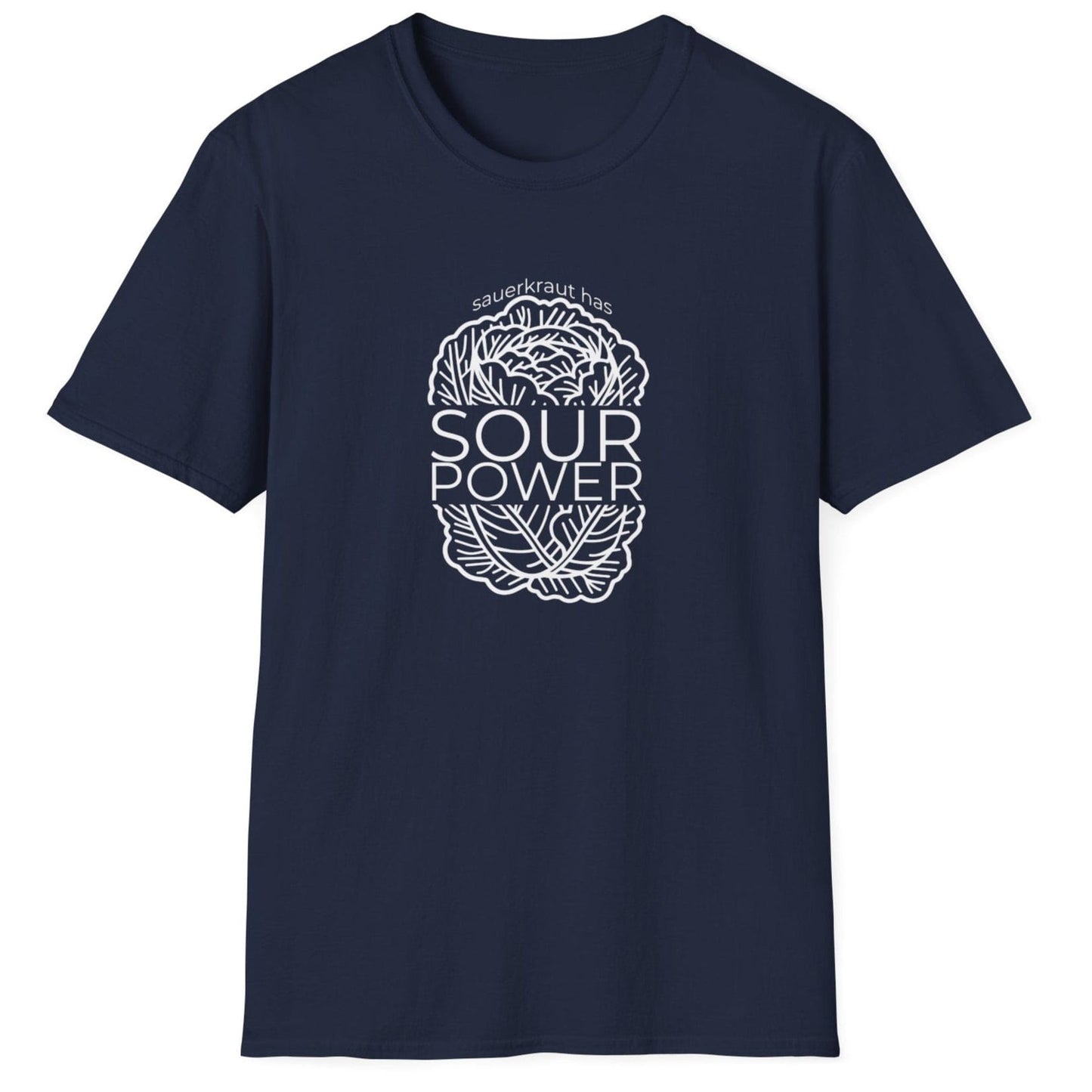 Sauerkraut Has Sour Power navy T-Shirt featuring a cabbage illustration and bold typography, perfect for sauerkraut lovers and fermentation enthusiasts