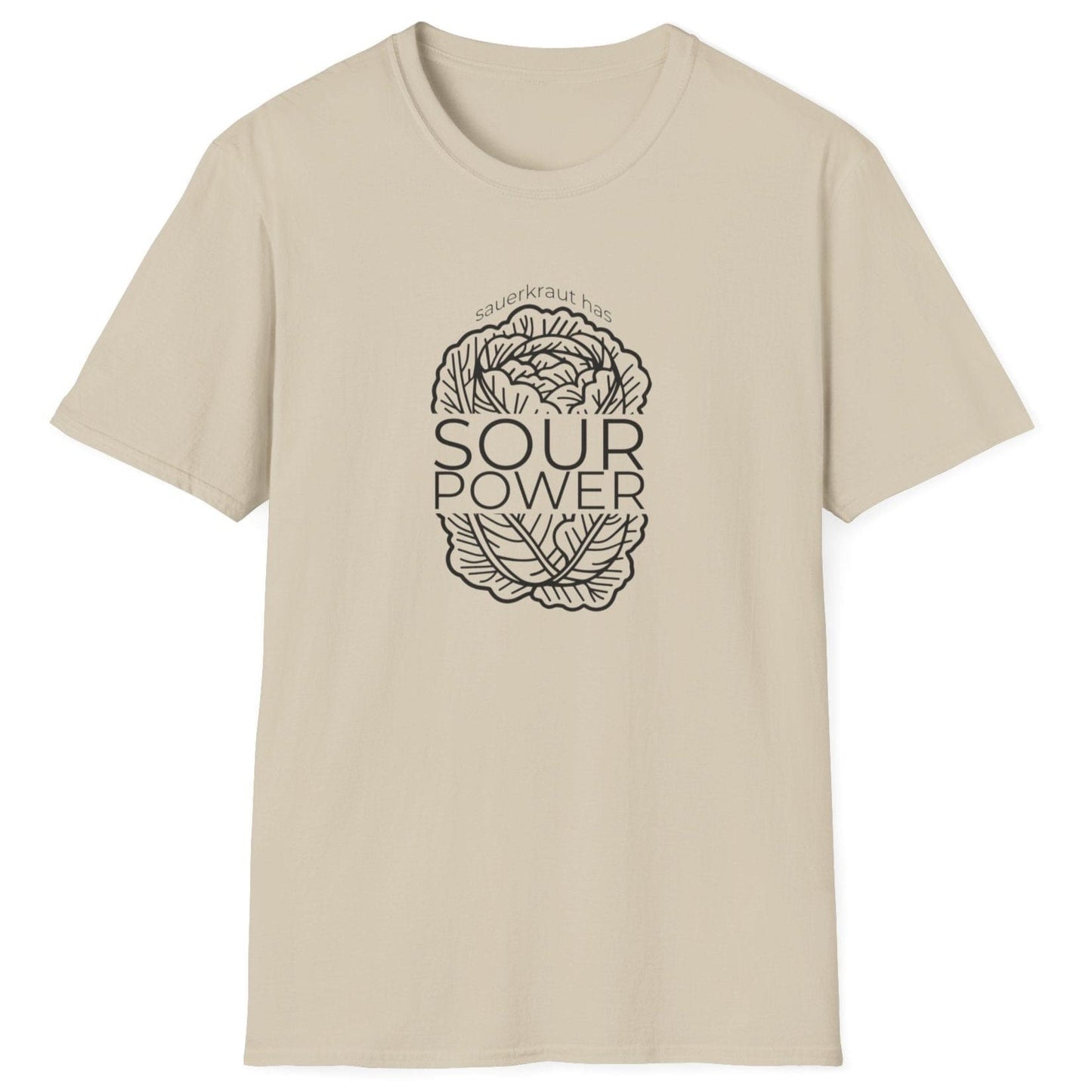 Sauerkraut Has Sour Power T-Shirt in sand featuring a cabbage illustration and bold typography, perfect for sauerkraut lovers and fermentation enthusiasts