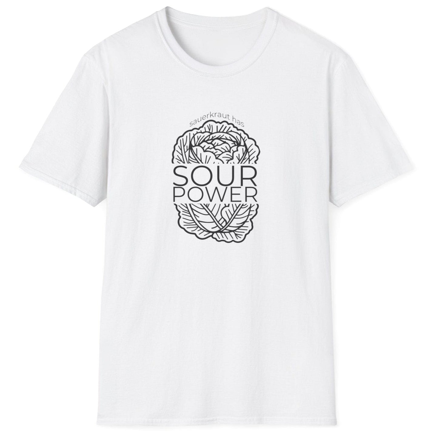 Sauerkraut Has Sour Power white T-Shirt featuring a cabbage illustration and bold typography, perfect for sauerkraut lovers and fermentation enthusiasts
