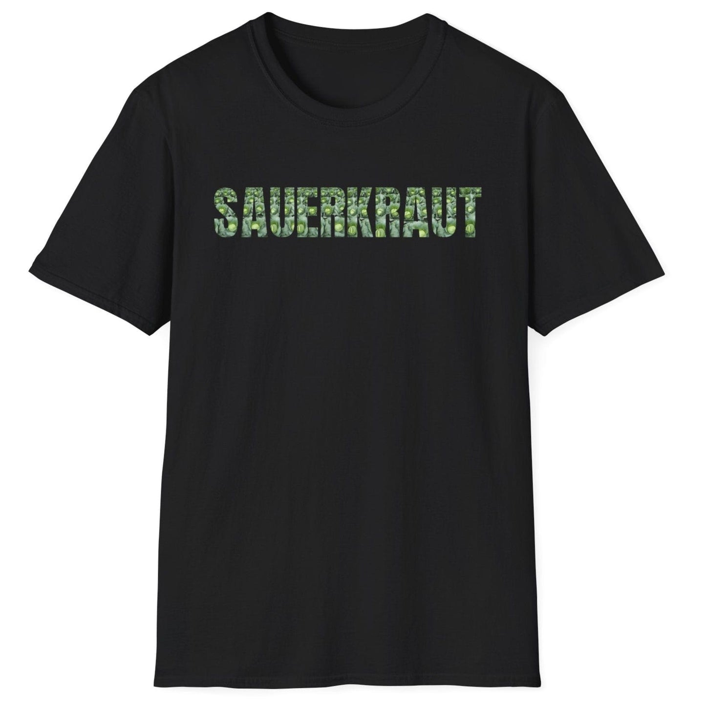 Sauerkraut T-Shirt in black featuring bold typography made from a photo of fresh cabbages, perfect for sauerkraut lovers and fermentation enthusiasts
