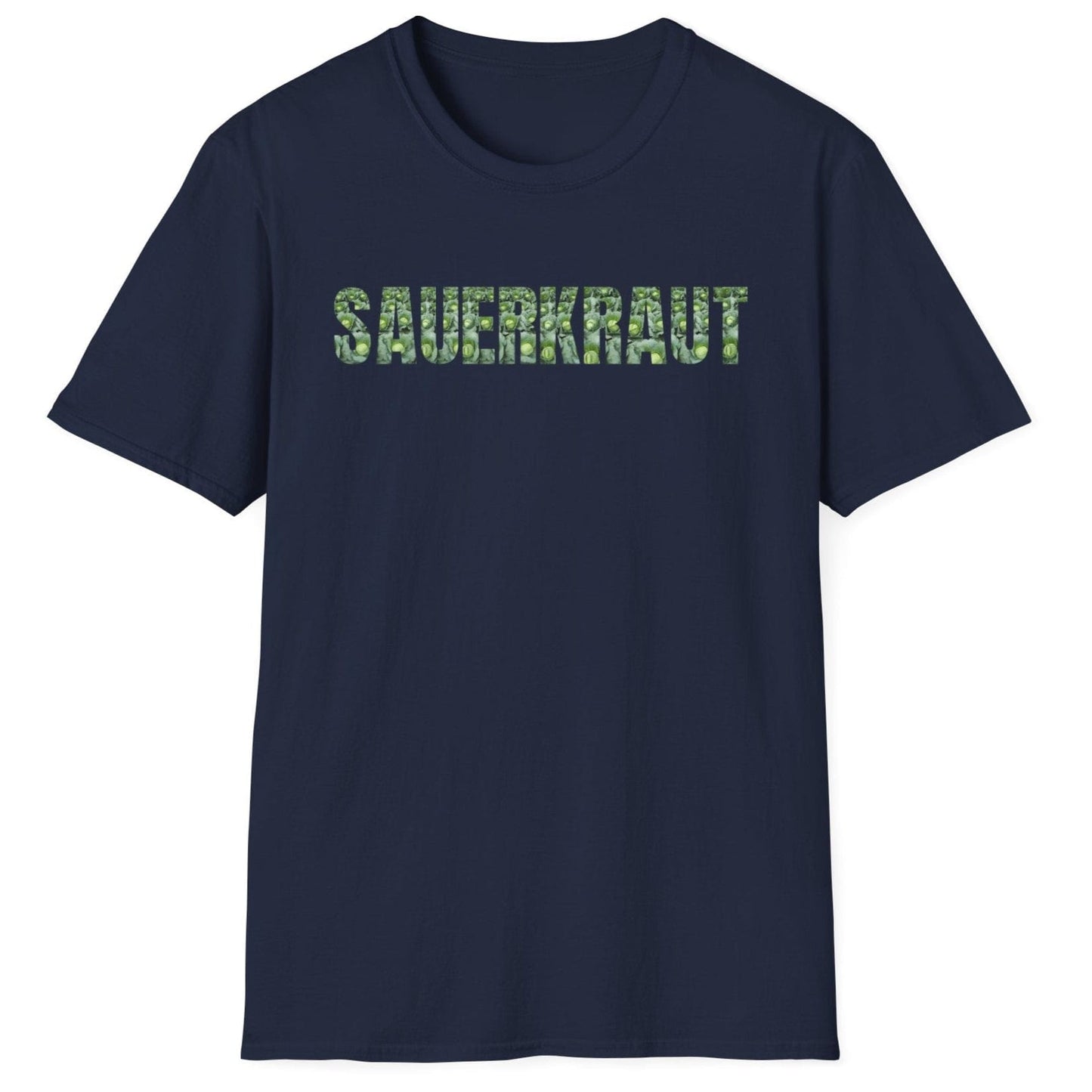 Sauerkraut T-Shirt in navy featuring bold typography made from a photo of fresh cabbages, perfect for sauerkraut lovers and fermentation enthusiasts