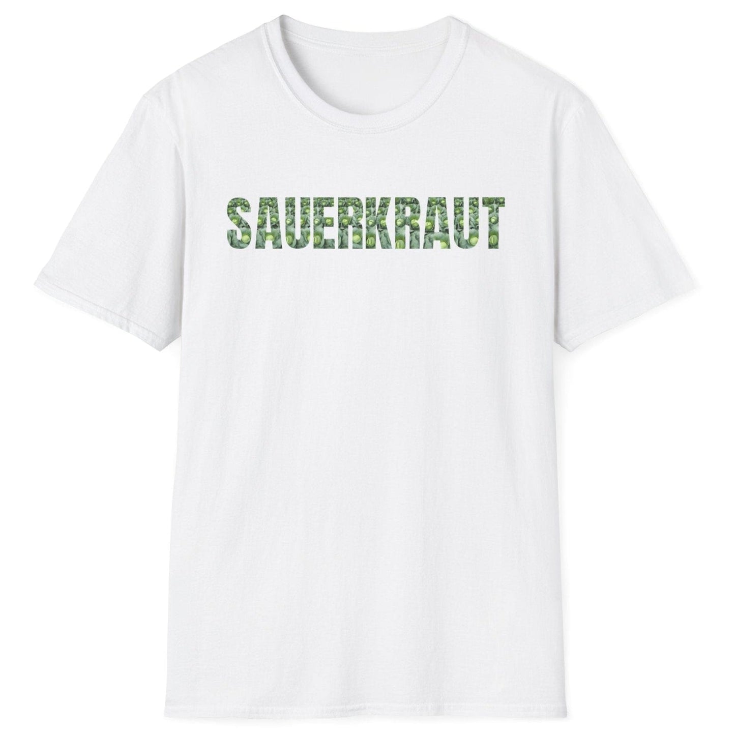 Sauerkraut T-Shirt in white featuring bold typography made from a photo of fresh cabbages, perfect for sauerkraut lovers and fermentation enthusiasts