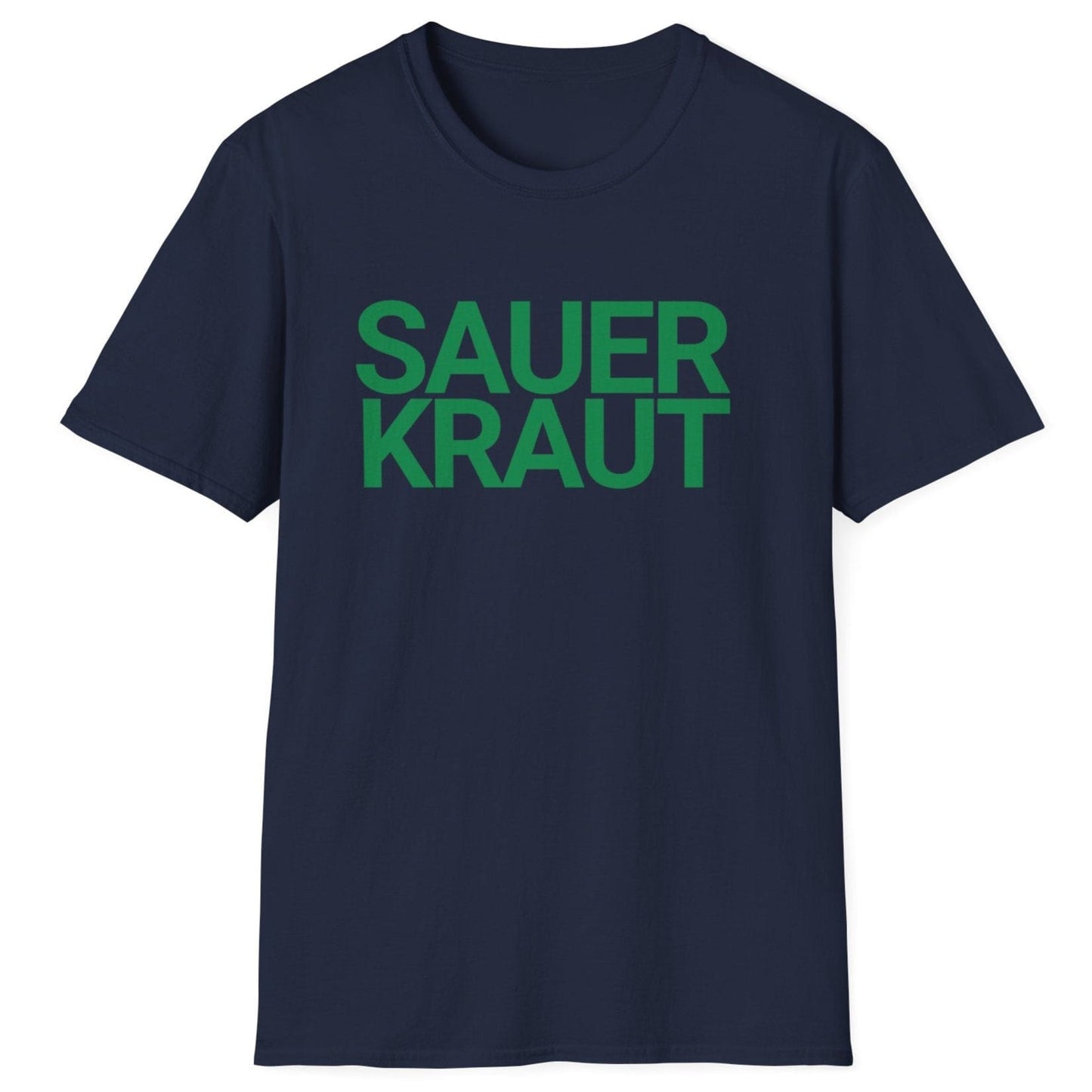 Unisex classic cotton navy T-shirt featuring a unique sauerkraut typography design, perfect for fermentation enthusiasts and sauerkraut lovers.