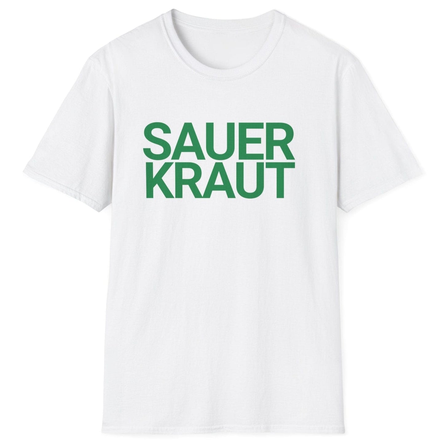 Unisex classic cotton white T-shirt featuring a unique sauerkraut typography design, perfect for fermentation enthusiasts and sauerkraut lovers.