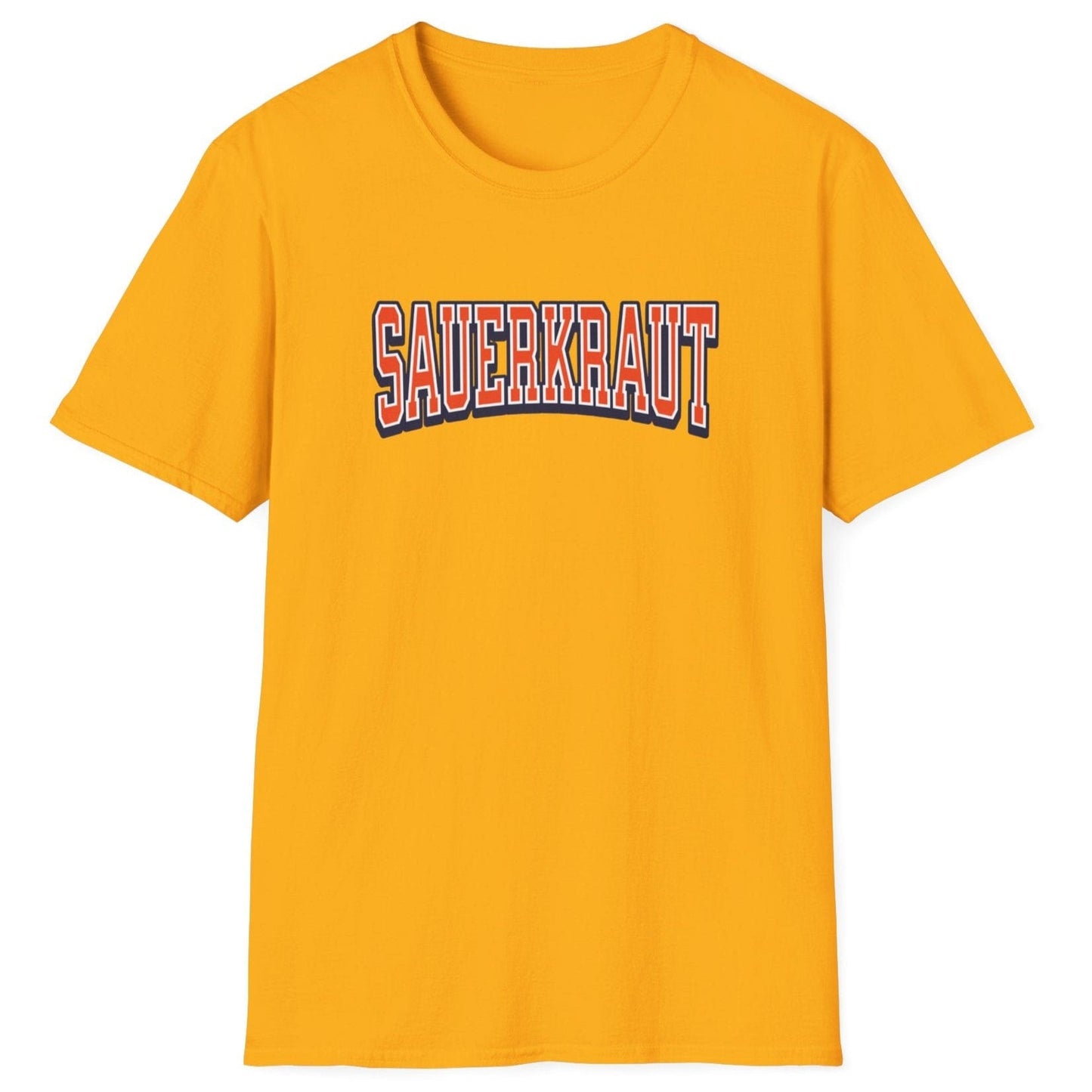 Sauerkraut Varsity fermentation T-Shirt in gold featuring the word 'SAUERKRAUT' in a bold varsity-style font. Great gift for fermenters