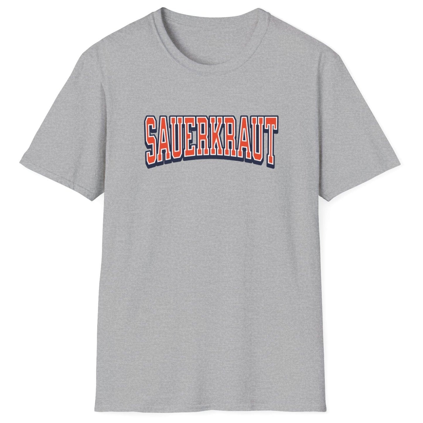 Sauerkraut Varsity fermentation T-Shirt in grey featuring the word 'SAUERKRAUT' in a bold varsity-style font. Great gift for fermenters