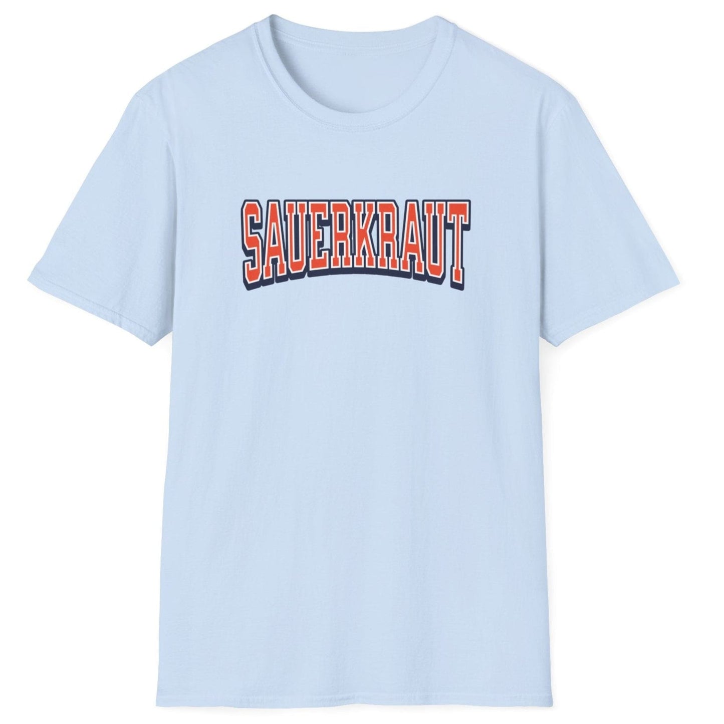 Sauerkraut Varsity fermentation T-Shirt in light blue featuring the word 'SAUERKRAUTI' in a bold varsity-style font. Great gift for fermenters