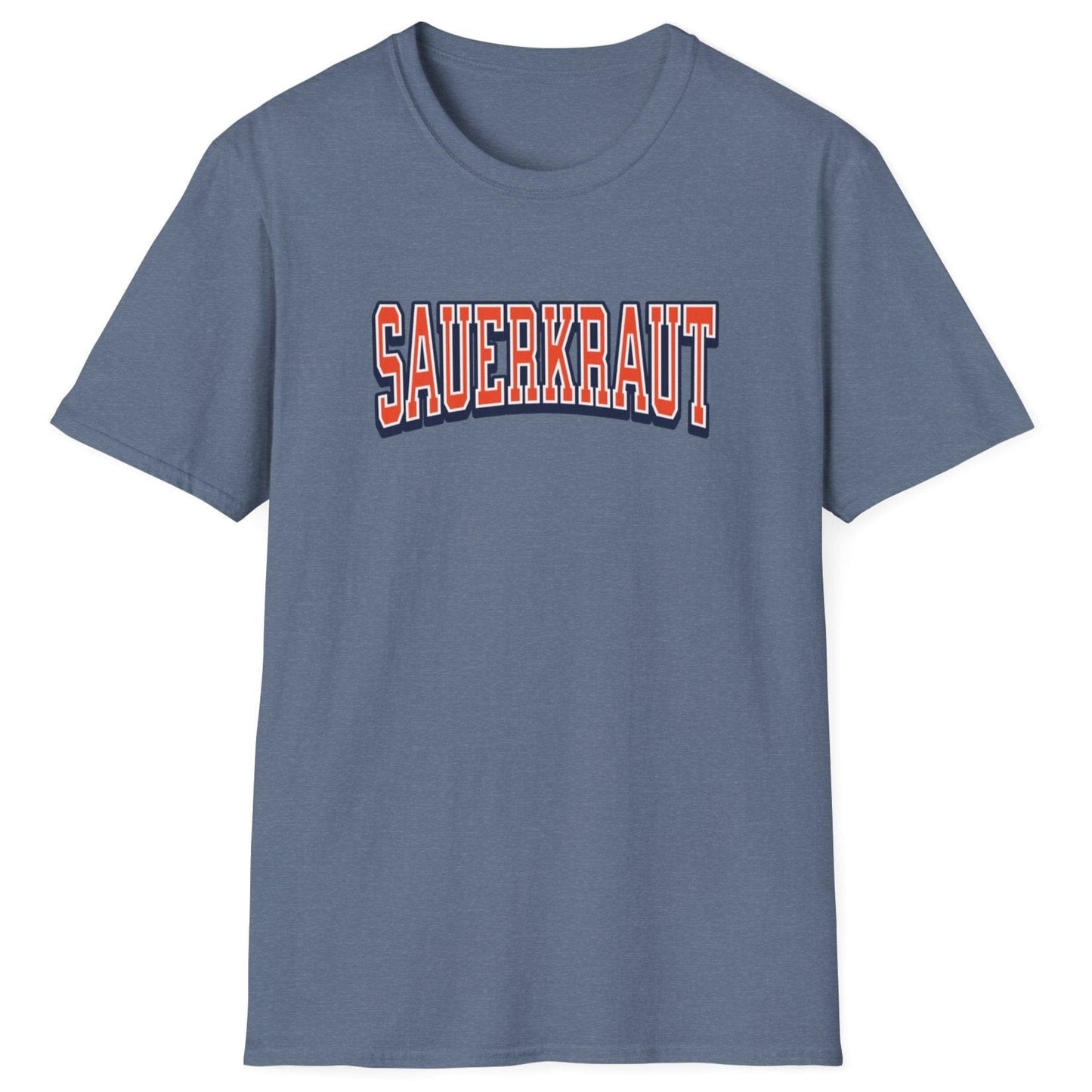 Sauerkraut Varsity fermentation T-Shirt in blue featuring the word 'SAUERKRAUT' in a bold varsity-style font. Great gift for fermenters