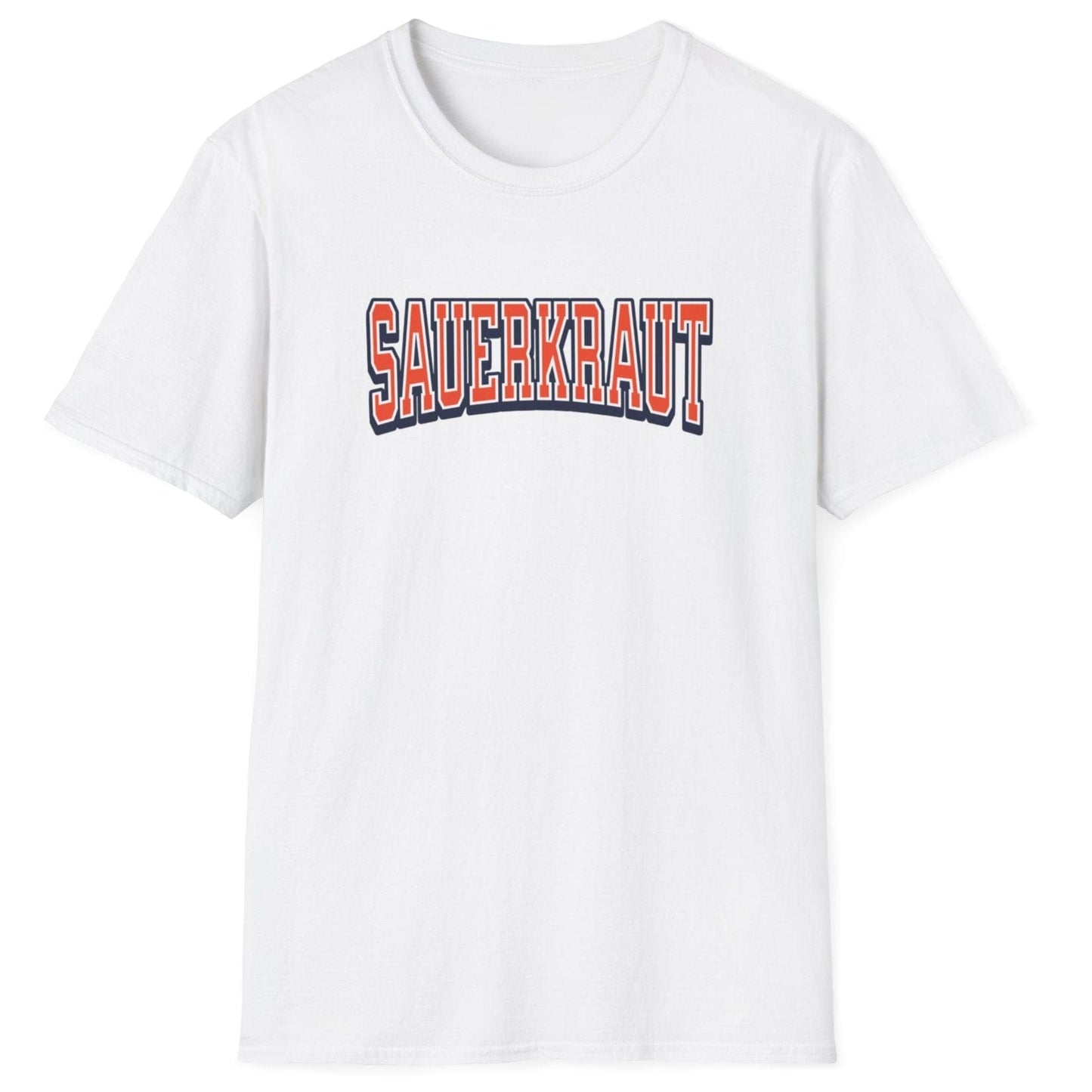 Sauerkraut Varsity fermentation T-Shirt in white featuring the word 'SAUERKRAUT' in a bold varsity-style font. Great gift for fermenters